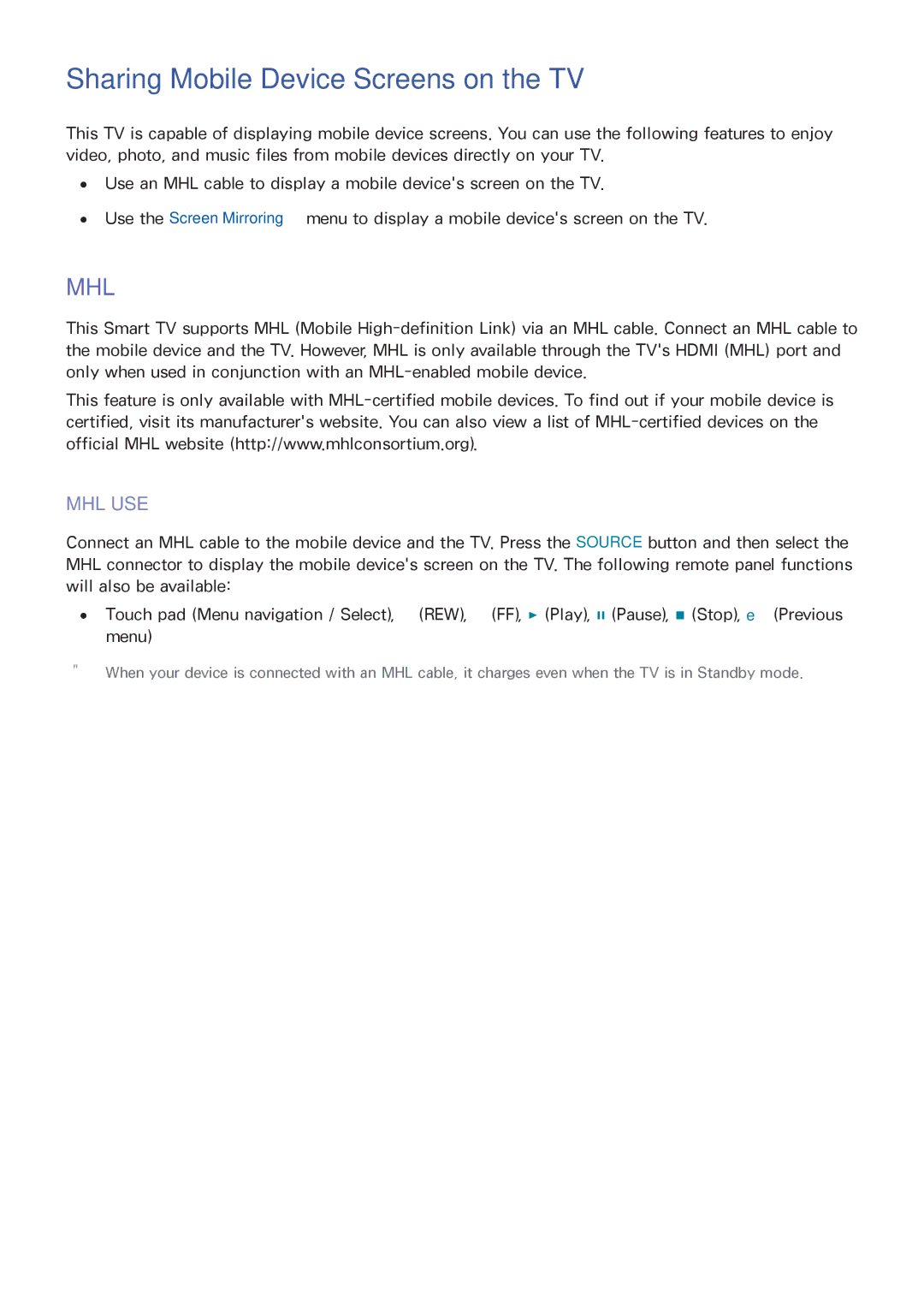 Samsung UN55F8000, UN75F8000XZA, UN65F8000XZA, UN60F8000XZA, UN55F6300XZA manual Sharing Mobile Device Screens on the TV, Mhl 
