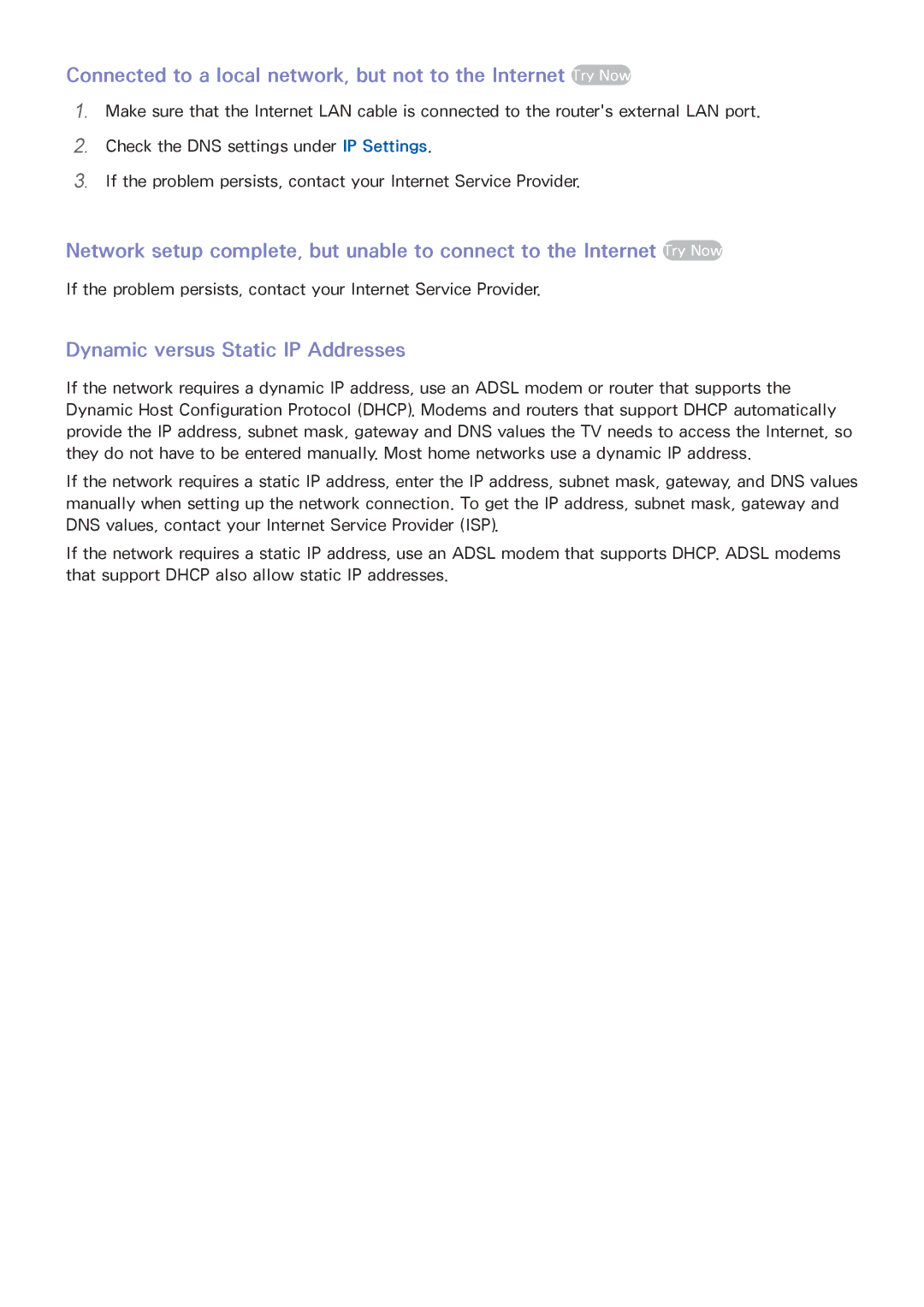 Samsung UN65F8000XZA, UN75F8000XZA, UN60F8000XZA, UN55F6300XZA, UN55F8000XZA, UN46F8000 Dynamic versus Static IP Addresses 