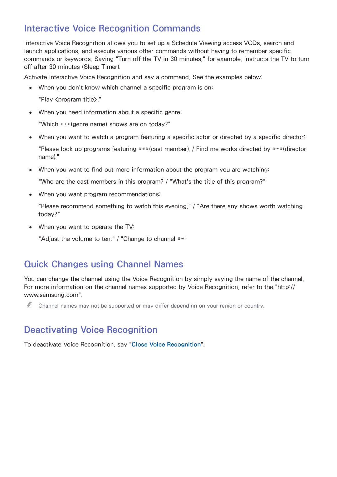 Samsung UN46F8000XZA, UN75F8000XZA, UN65F8000XZA Interactive Voice Recognition Commands, Quick Changes using Channel Names 