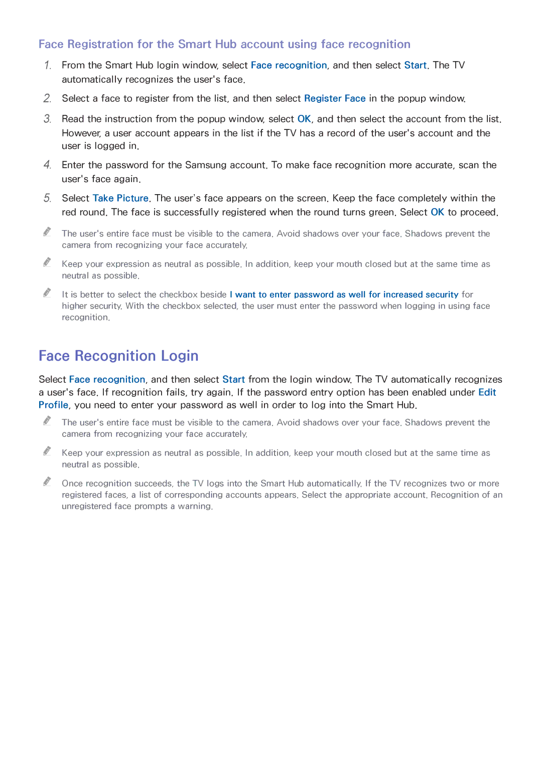 Samsung UN75F8000XZA, UN65F8000XZA, UN60F8000XZA, UN55F6300XZA, UN55F8000XZA, UN46F8000XZA manual Face Recognition Login 