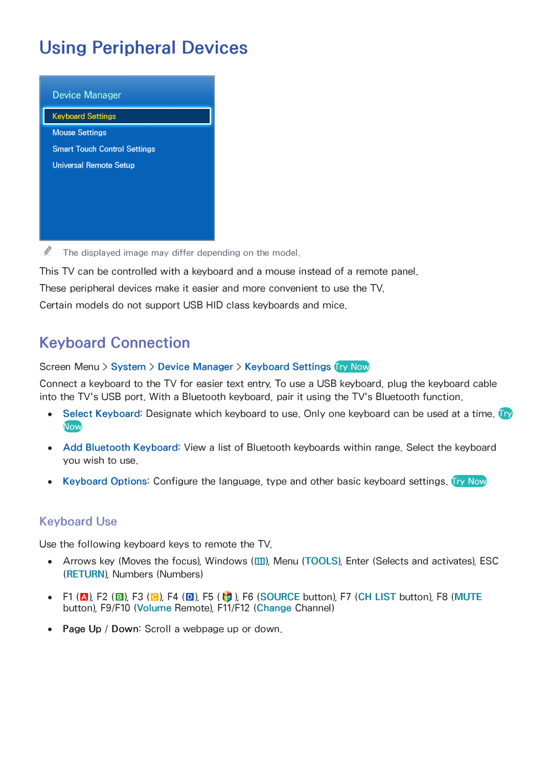 Samsung UN55F8000XZA, UN75F8000XZA, UN65F8000XZA, UN60F8000XZA Using Peripheral Devices, Keyboard Connection, Keyboard Use 