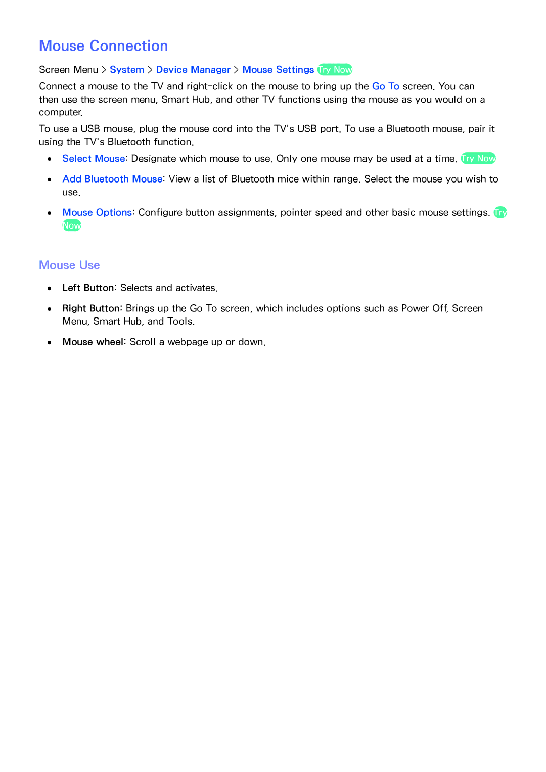 Samsung UN46F8000, UN75F8000XZA manual Mouse Connection, Mouse Use, Screen Menu System Device Manager Mouse Settings Try Now 