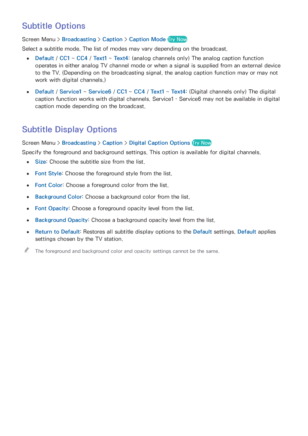 Samsung UN75F8000XZA Subtitle Options, Subtitle Display Options, Screen Menu Broadcasting Caption Caption Mode Try Now 