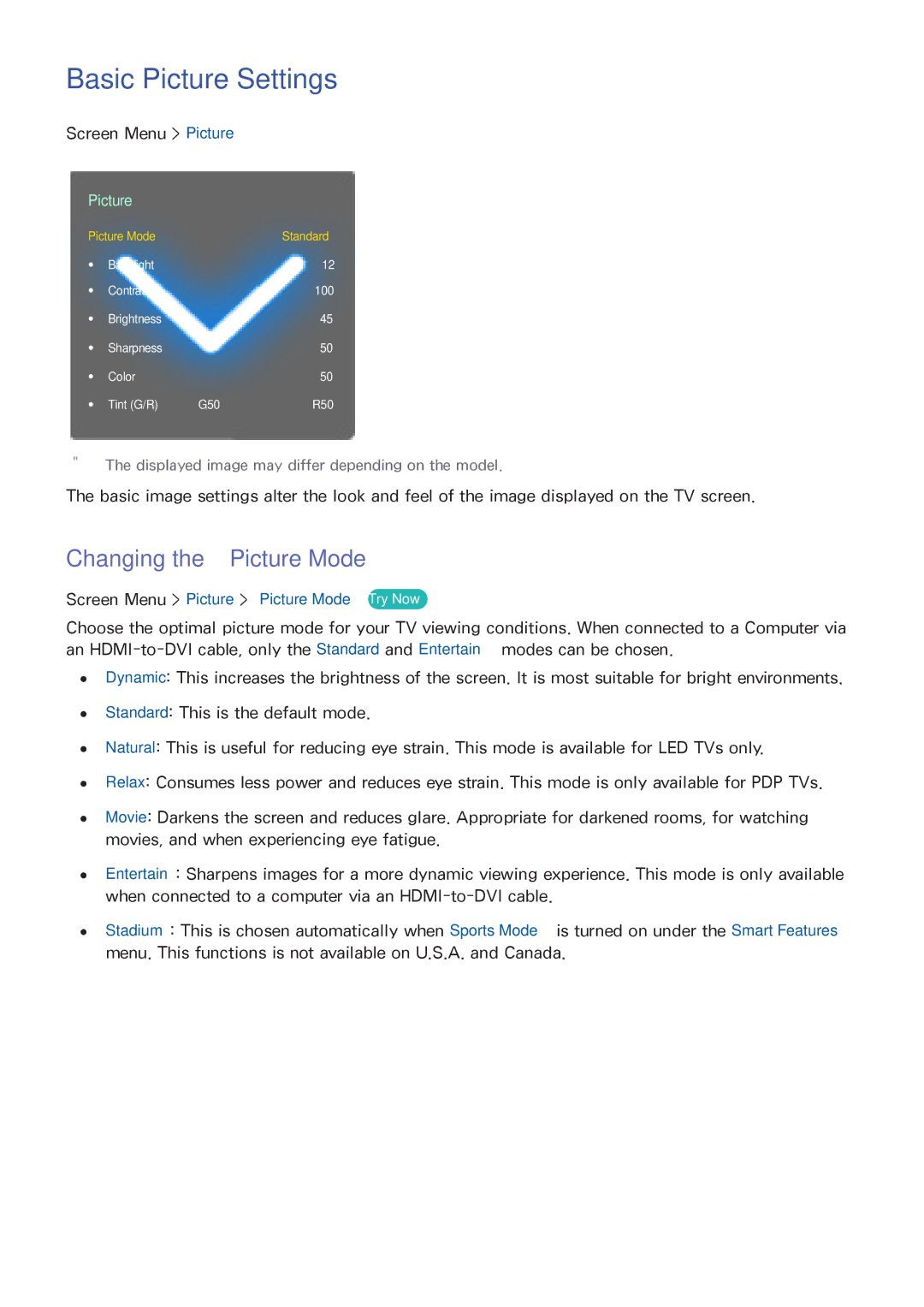 Samsung UN65F8000XZA manual Basic Picture Settings, Changing the Picture Mode, Screen Menu Picture Picture Mode Try Now 