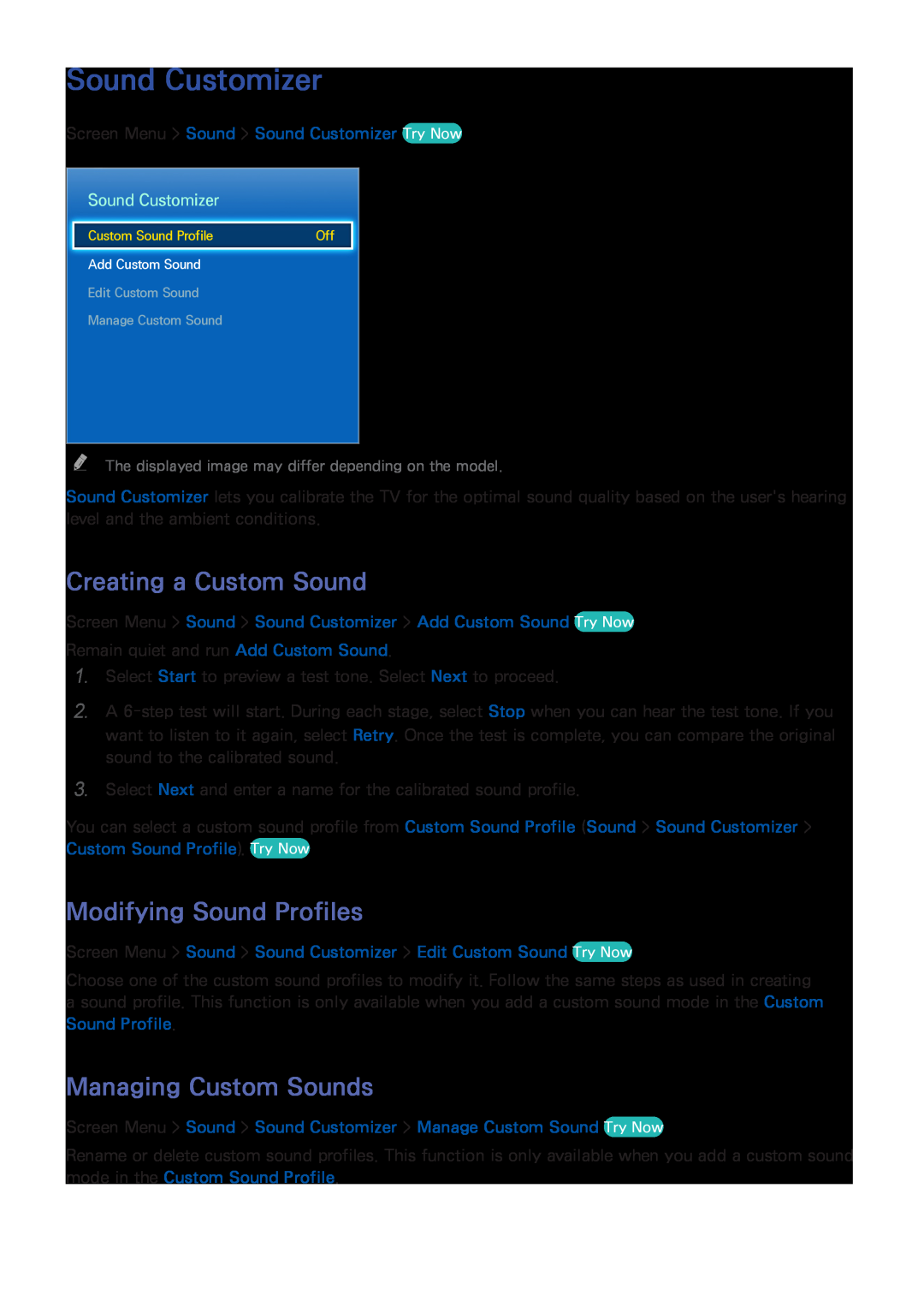 Samsung UN46F8000XZA manual Sound Customizer, Creating a Custom Sound, Modifying Sound Profiles, Managing Custom Sounds 