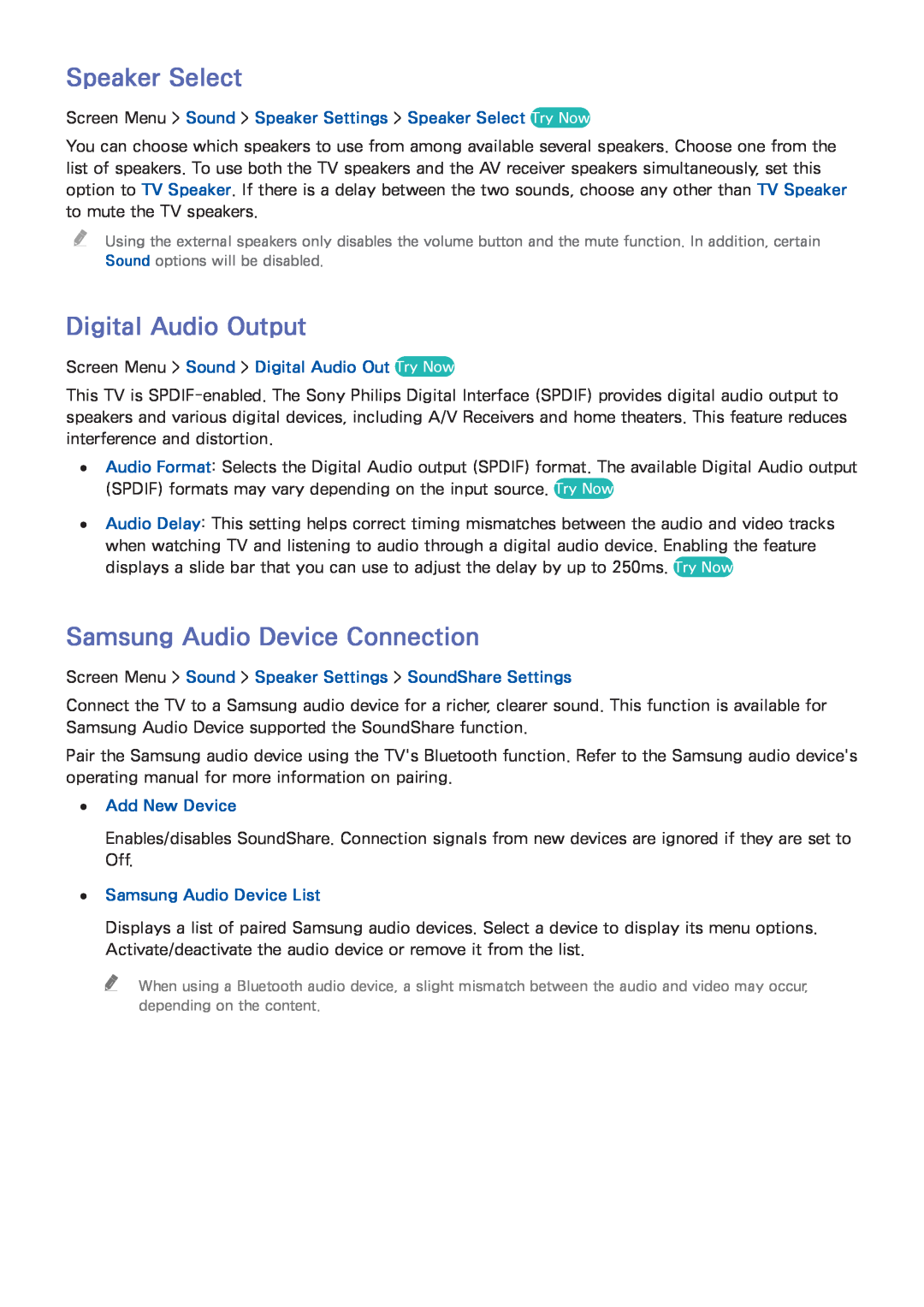 Samsung UN65F8000XZA, UN75F8000XZA Speaker Select, Digital Audio Output, Samsung Audio Device Connection, Add New Device 
