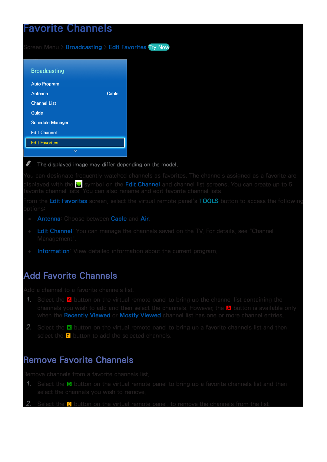 Samsung UN65F8000XZA Add Favorite Channels, Remove Favorite Channels, Screen Menu Broadcasting Edit Favorites Try Now 