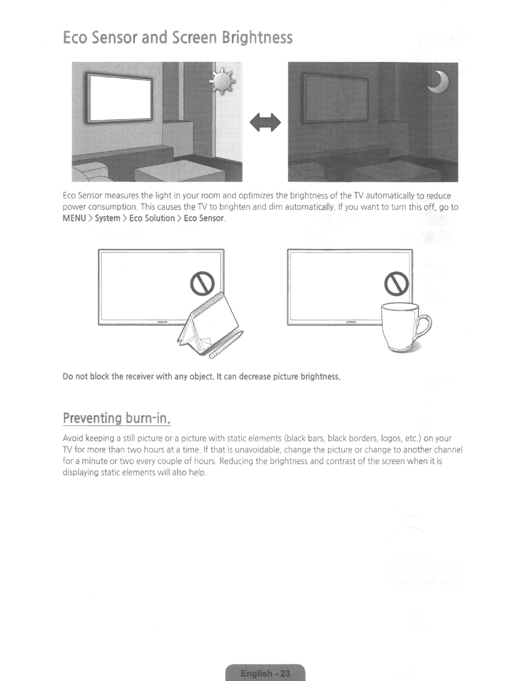 Samsung UN48H6350, UN75H6350, UN65H6350, UN60H6350 user manual Eco Sensor and Screen Brightness, Preventing burn-in 