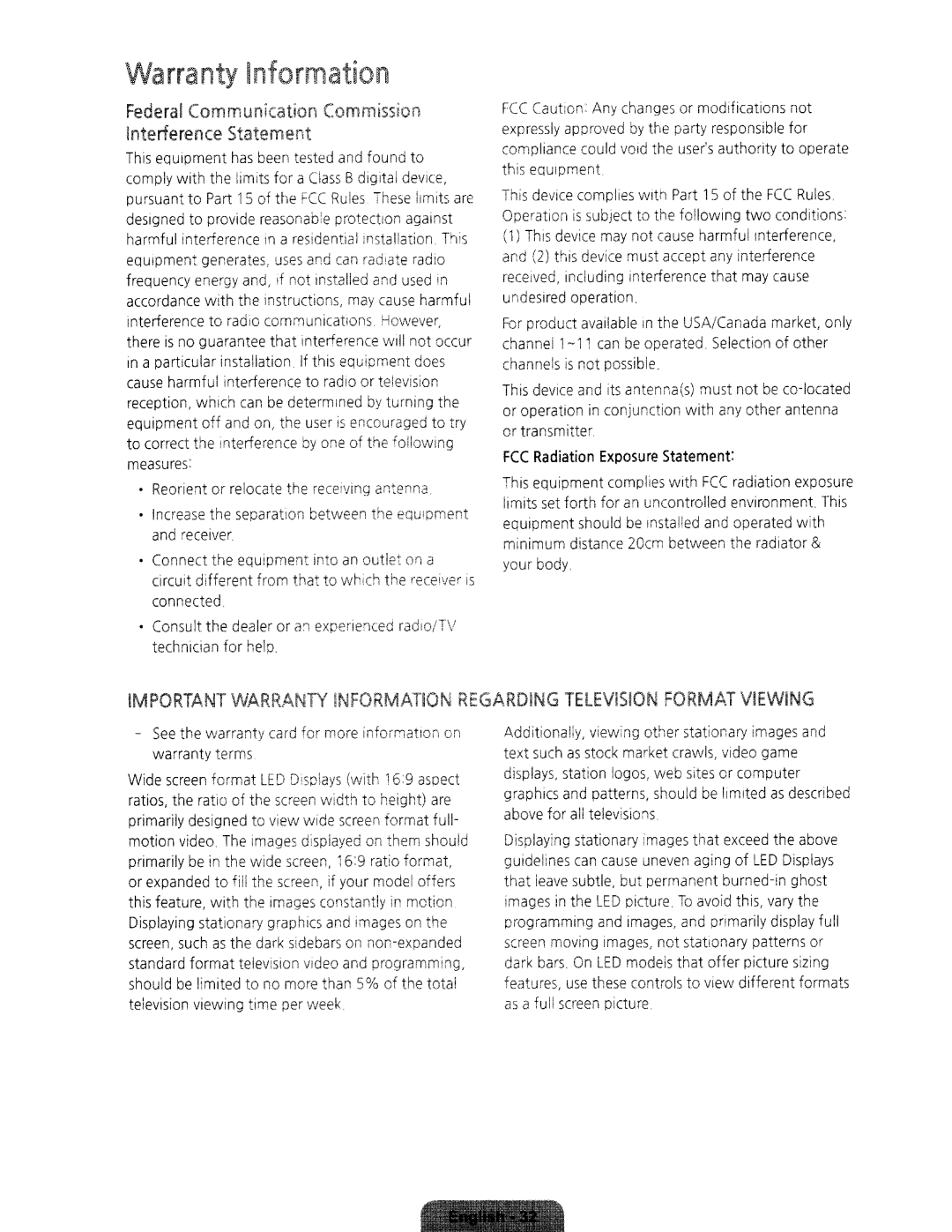 Samsung UN75H6350, UN65H6350, UN60H6350, UN48H6350 user manual Warranty Information, FCC Radiation Exposure Statement 