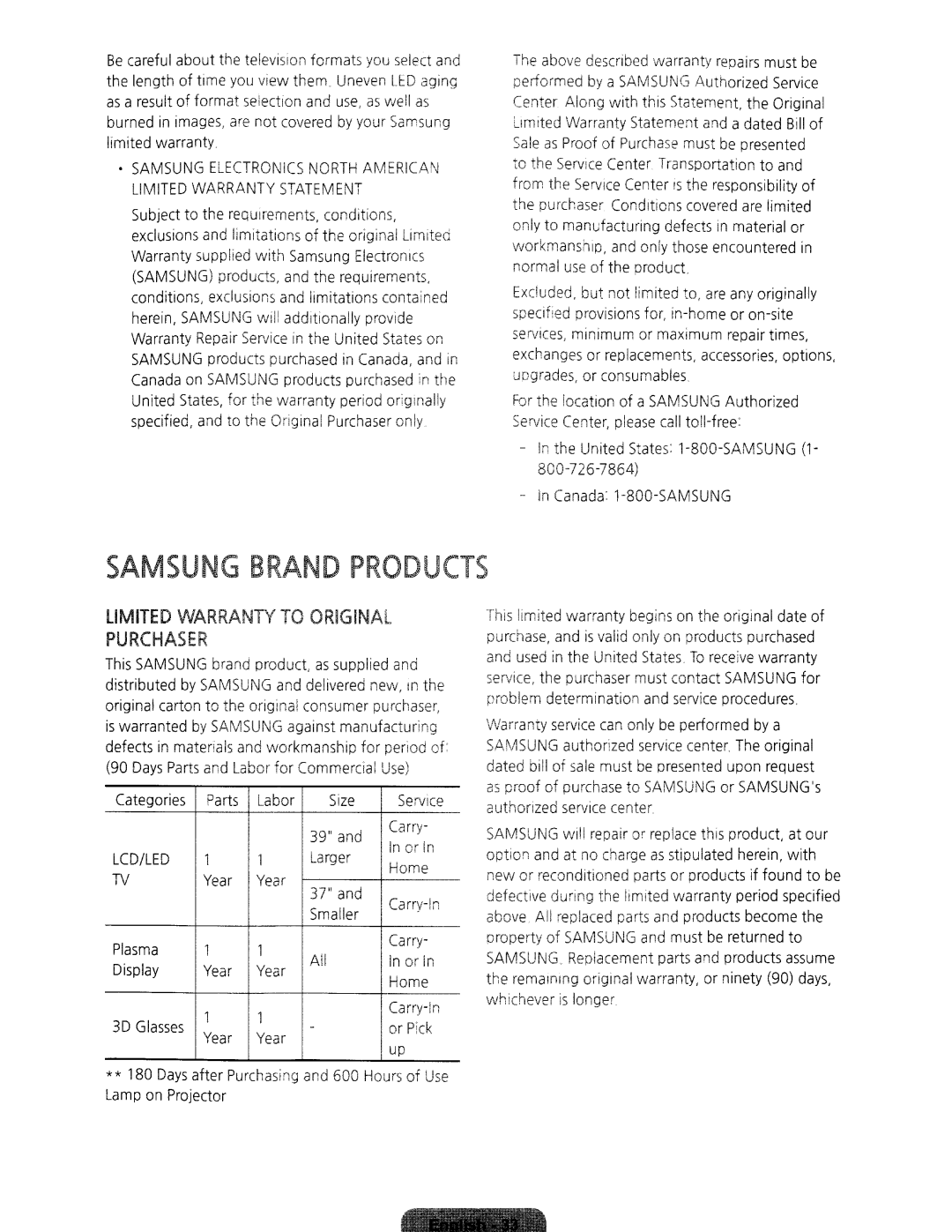 Samsung UN65H6350 Above described warranty repai rs must be, Performed by a Samsung Authorized Service, Commercial Use 