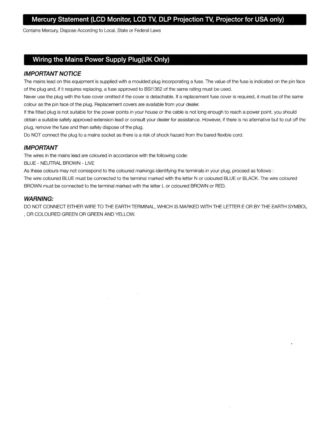 Samsung UN65H6350, UN75H6350, UN60H6350, UN48H6350 user manual Wiring the Mains Power Supply PlugUK Only, Important Notice 