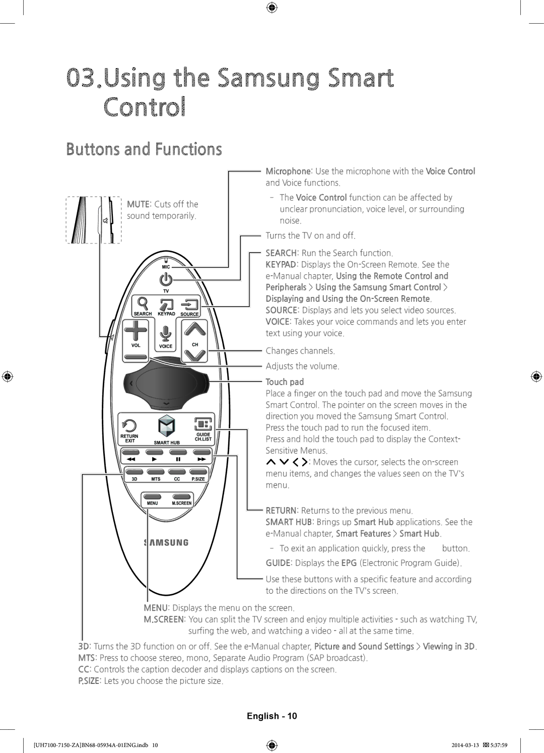 Samsung UN60H7150, UN75H7150, UN65H7150, UN55H7150 Using the Samsung Smart Control, Buttons and Functions, Touch pad 