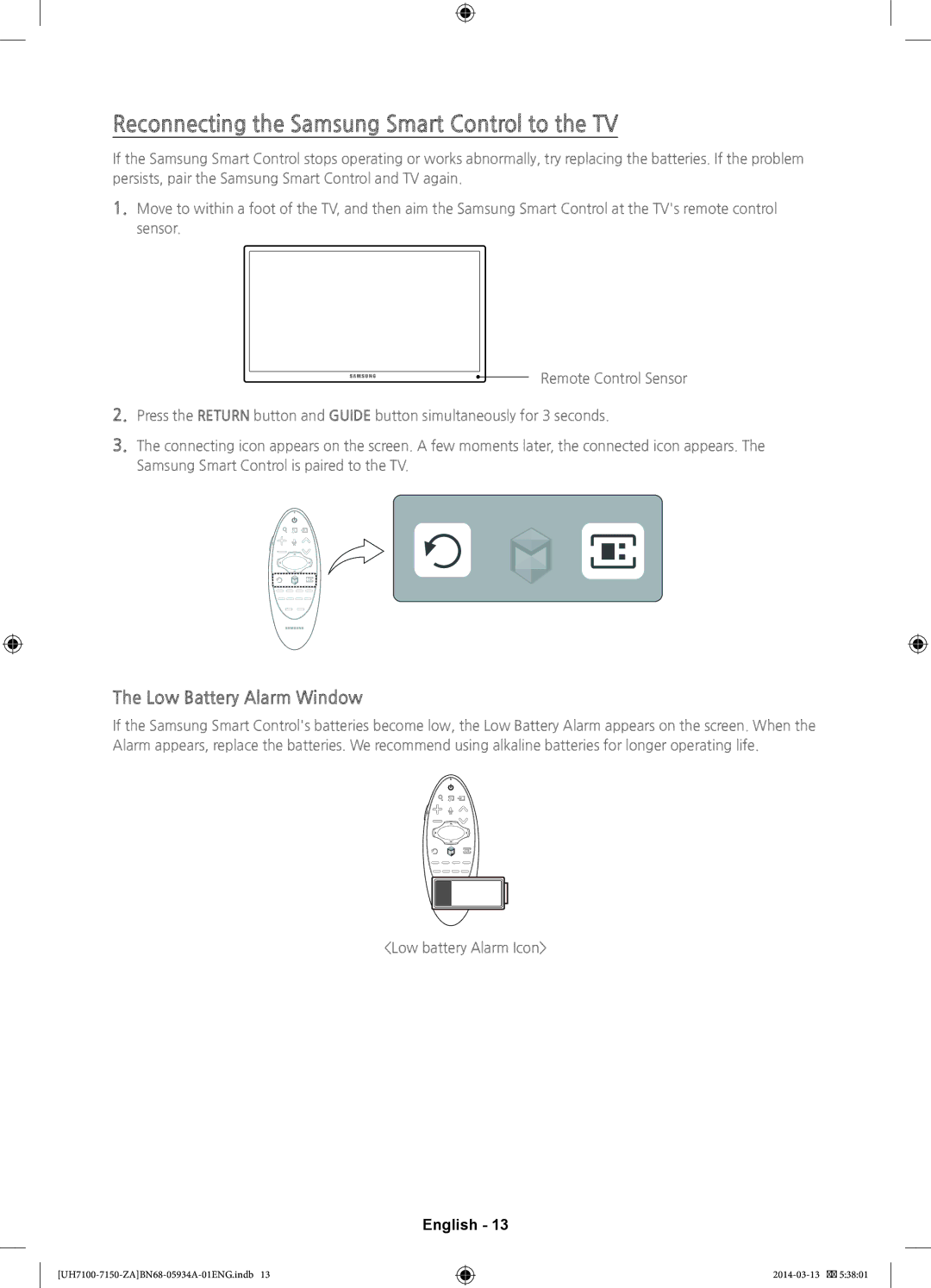 Samsung UN65H7150, UN75H7150, UN60H7150 Reconnecting the Samsung Smart Control to the TV, Low Battery Alarm Window 