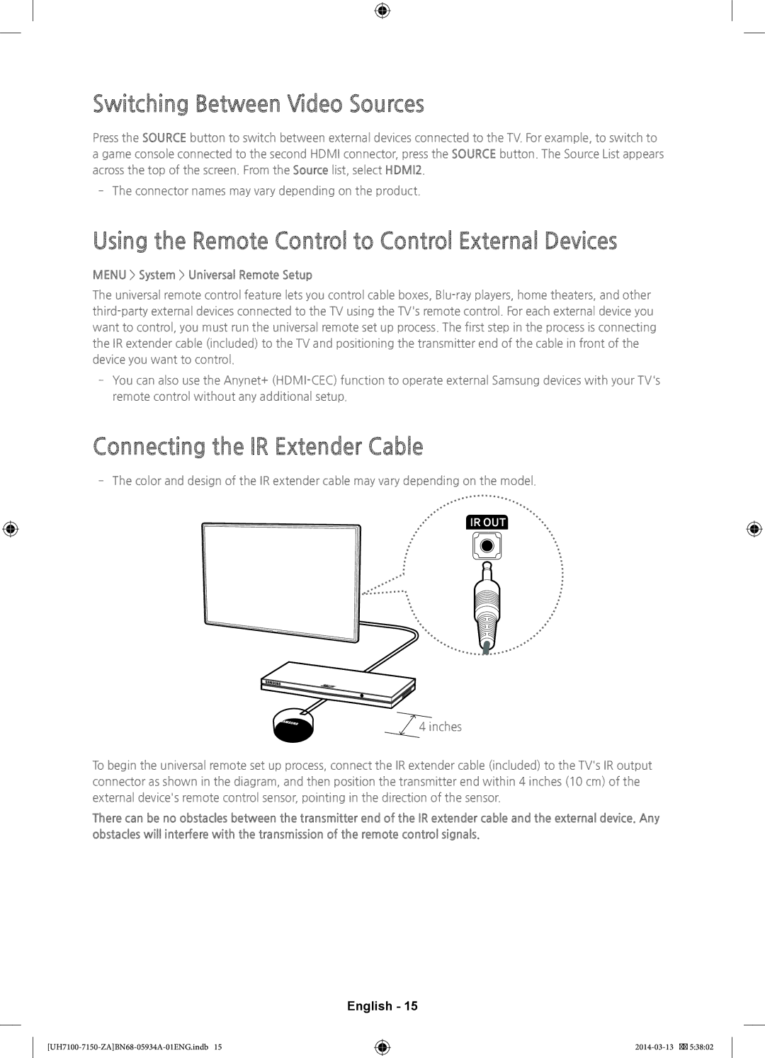 Samsung UN55H7150, UN75H7150 Switching Between Video Sources, Using the Remote Control to Control External Devices 