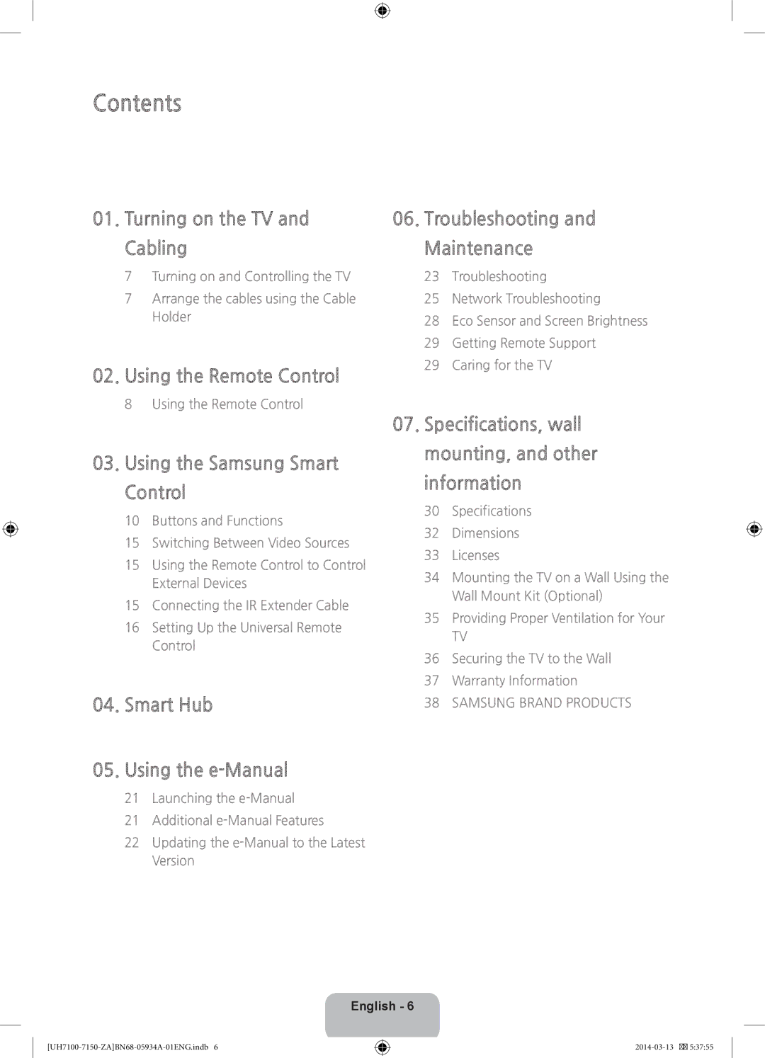 Samsung UN60H7150, UN75H7150, UN65H7150, UN55H7150 user manual Contents 