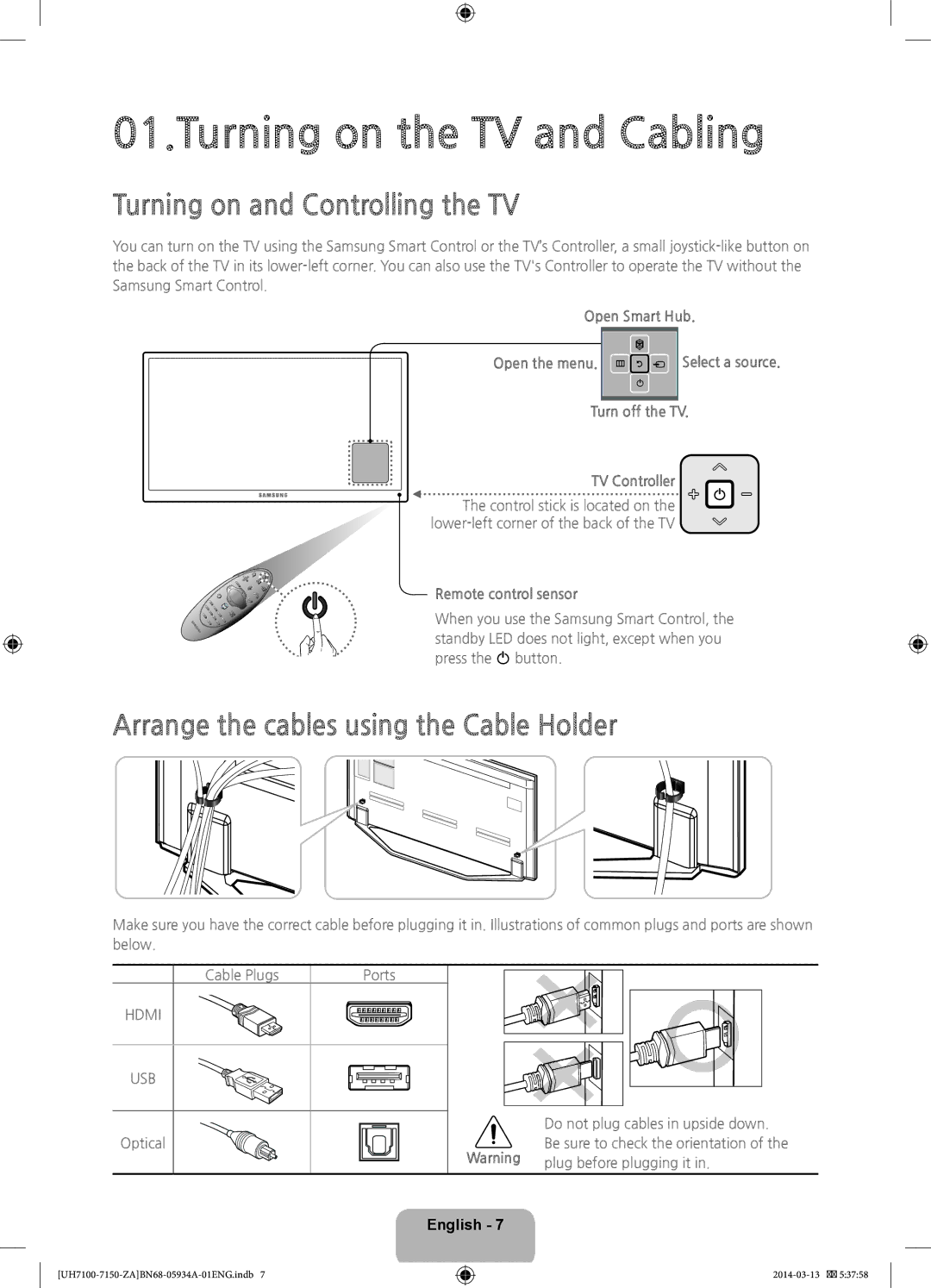 Samsung UN55H7150, UN75H7150, UN65H7150, UN60H7150 Turning on the TV and Cabling, Turning on and Controlling the TV 