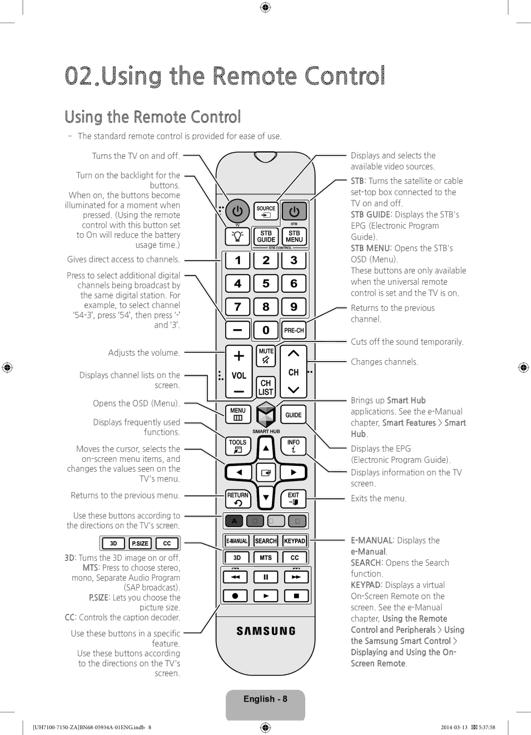 Samsung UN75H7150 Using the Remote Control, Use these buttons according to, Displaying and Using the On- Screen Remote 