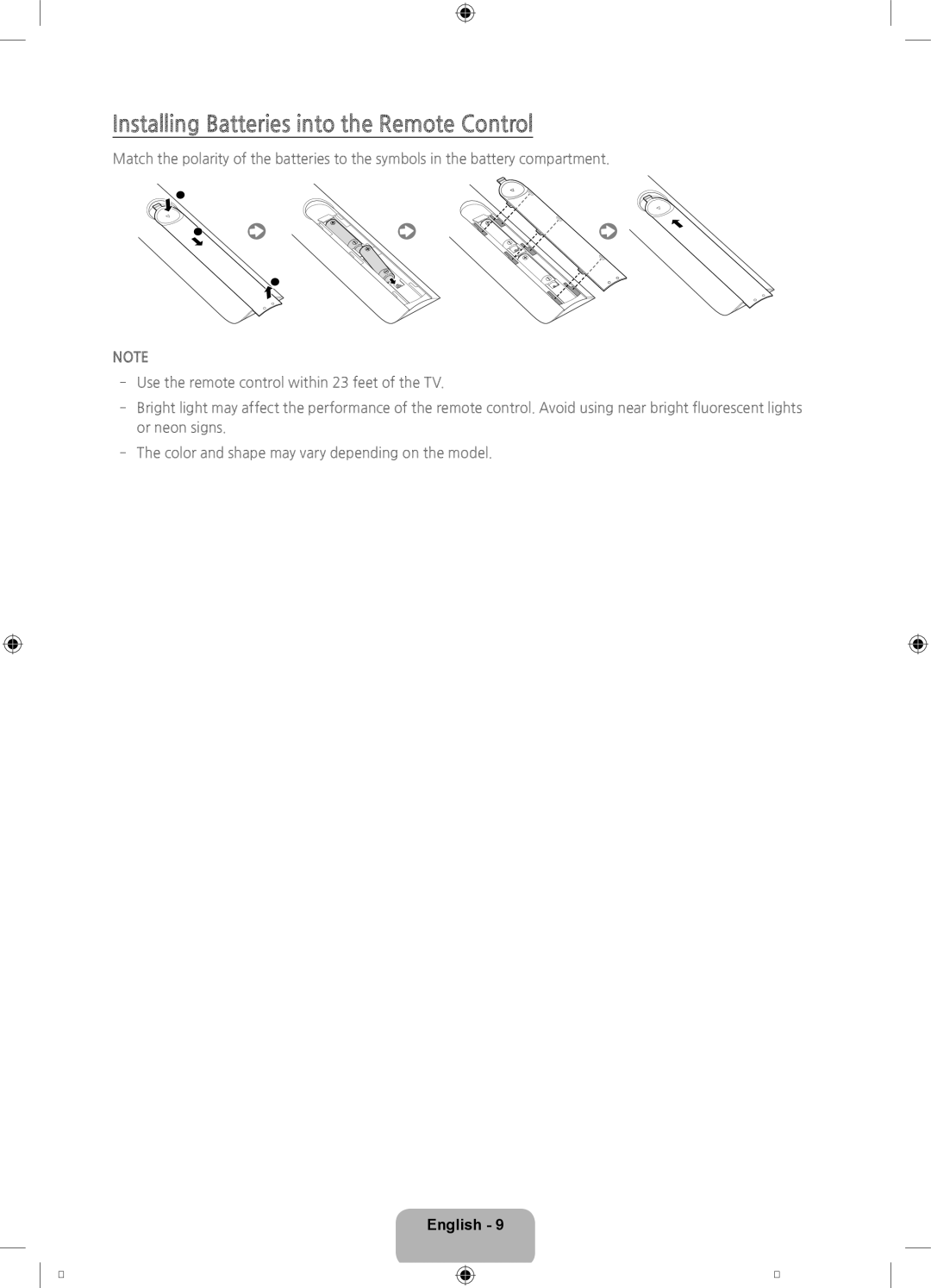 Samsung UN65H7150, UN75H7150, UN60H7150, UN55H7150 user manual Installing Batteries into the Remote Control 