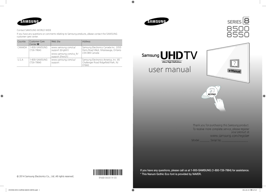 Samsung UN85HU8550, UN75HU8550 user manual Thank you for purchasing this Samsung product 