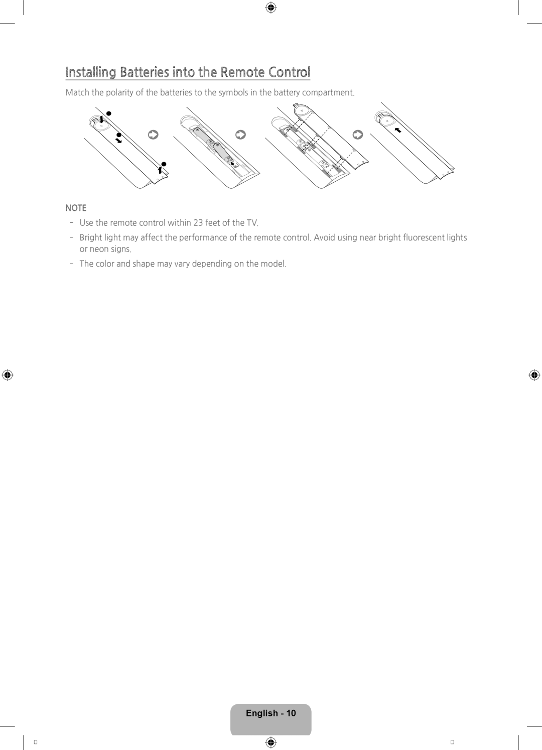 Samsung UN75HU8550, UN85HU8550 user manual Installing Batteries into the Remote Control 