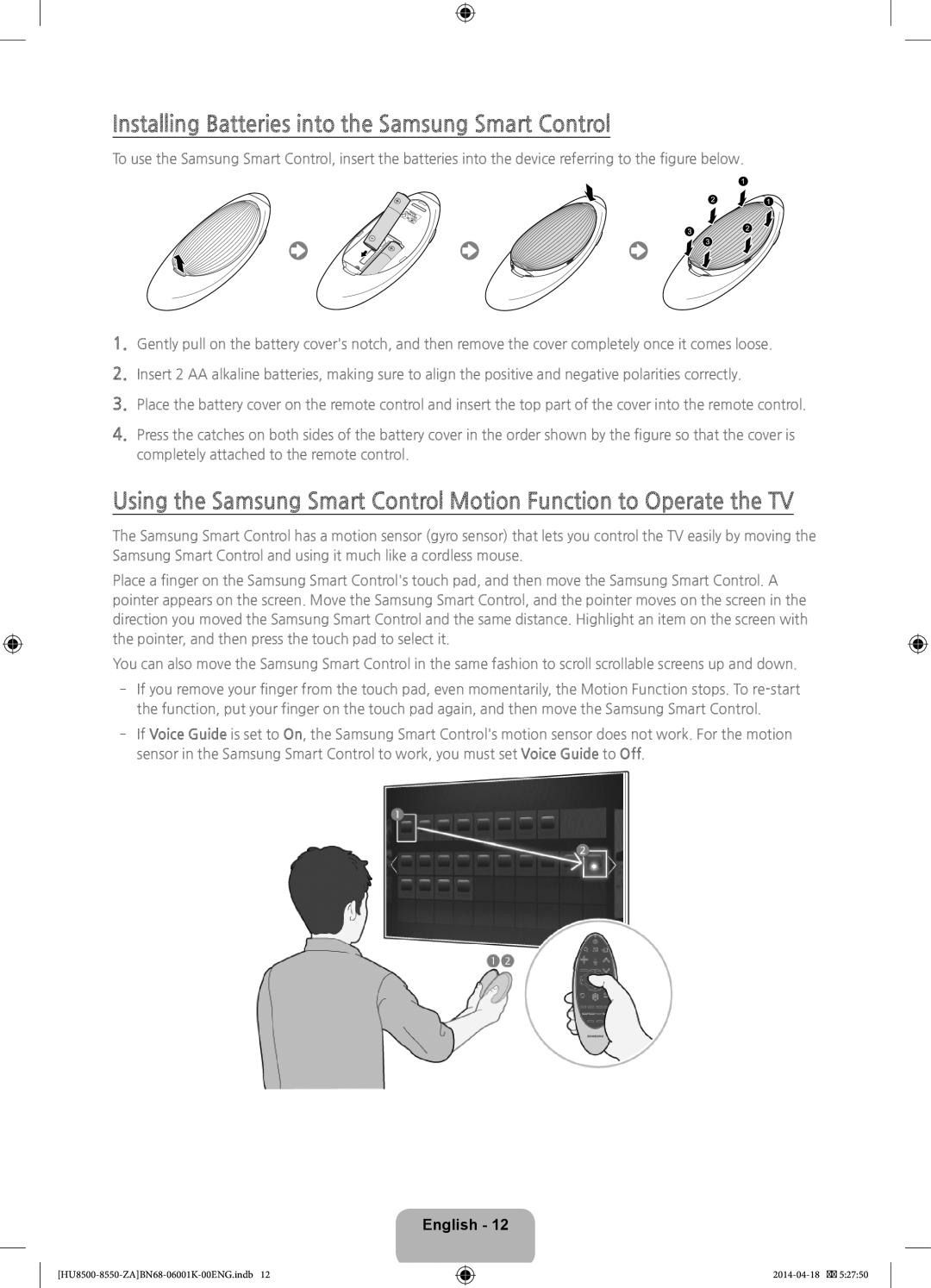 Samsung UN75HU8550, UN85HU8550 user manual Installing Batteries into the Samsung Smart Control 