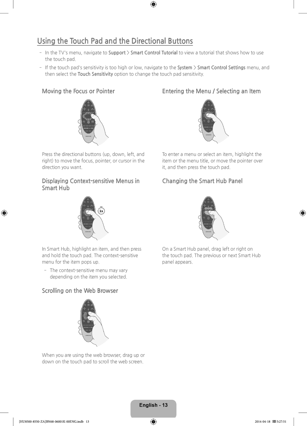 Samsung UN85HU8550, UN75HU8550 Using the Touch Pad and the Directional Buttons, Moving the Focus or Pointer, Smart Hub 