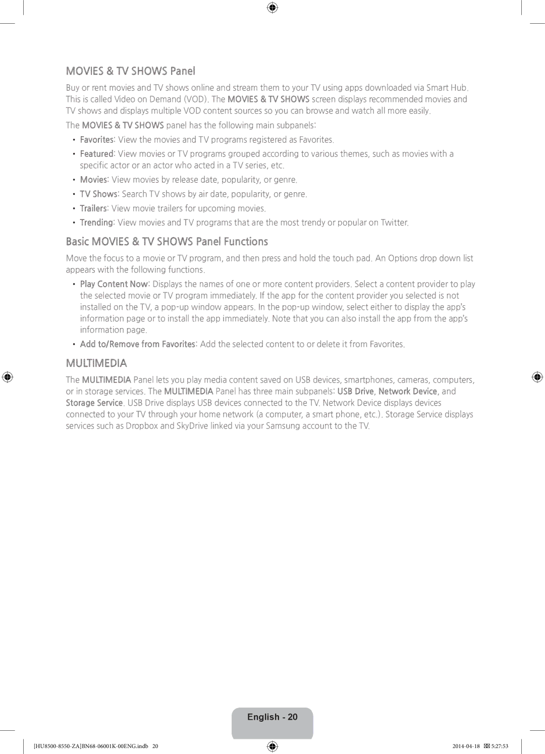 Samsung UN75HU8550, UN85HU8550 user manual Basic Movies & TV Shows Panel Functions 