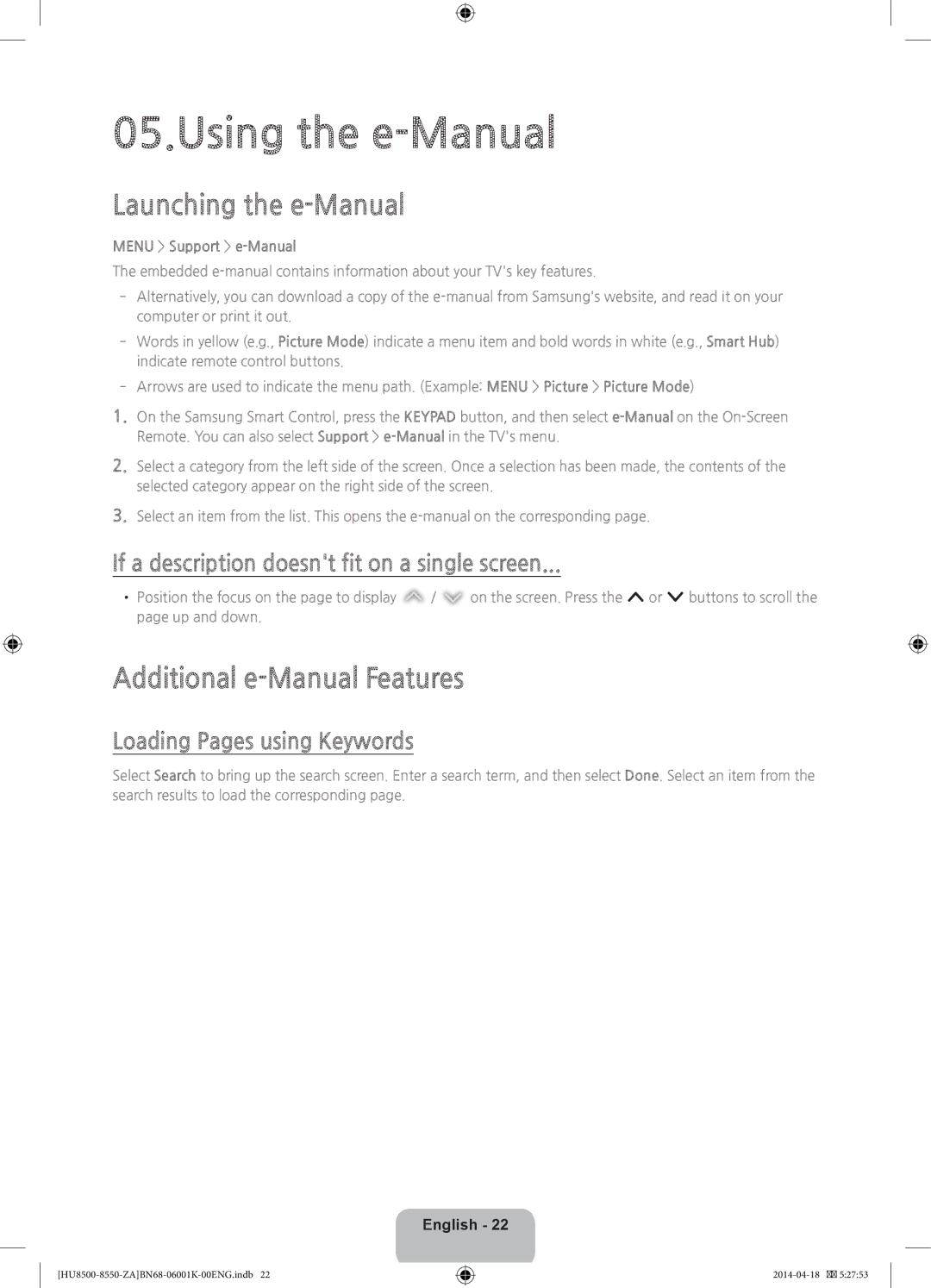 Samsung UN75HU8550 Using the e-Manual, Launching the e-Manual, Additional e-Manual Features, Loading Pages using Keywords 