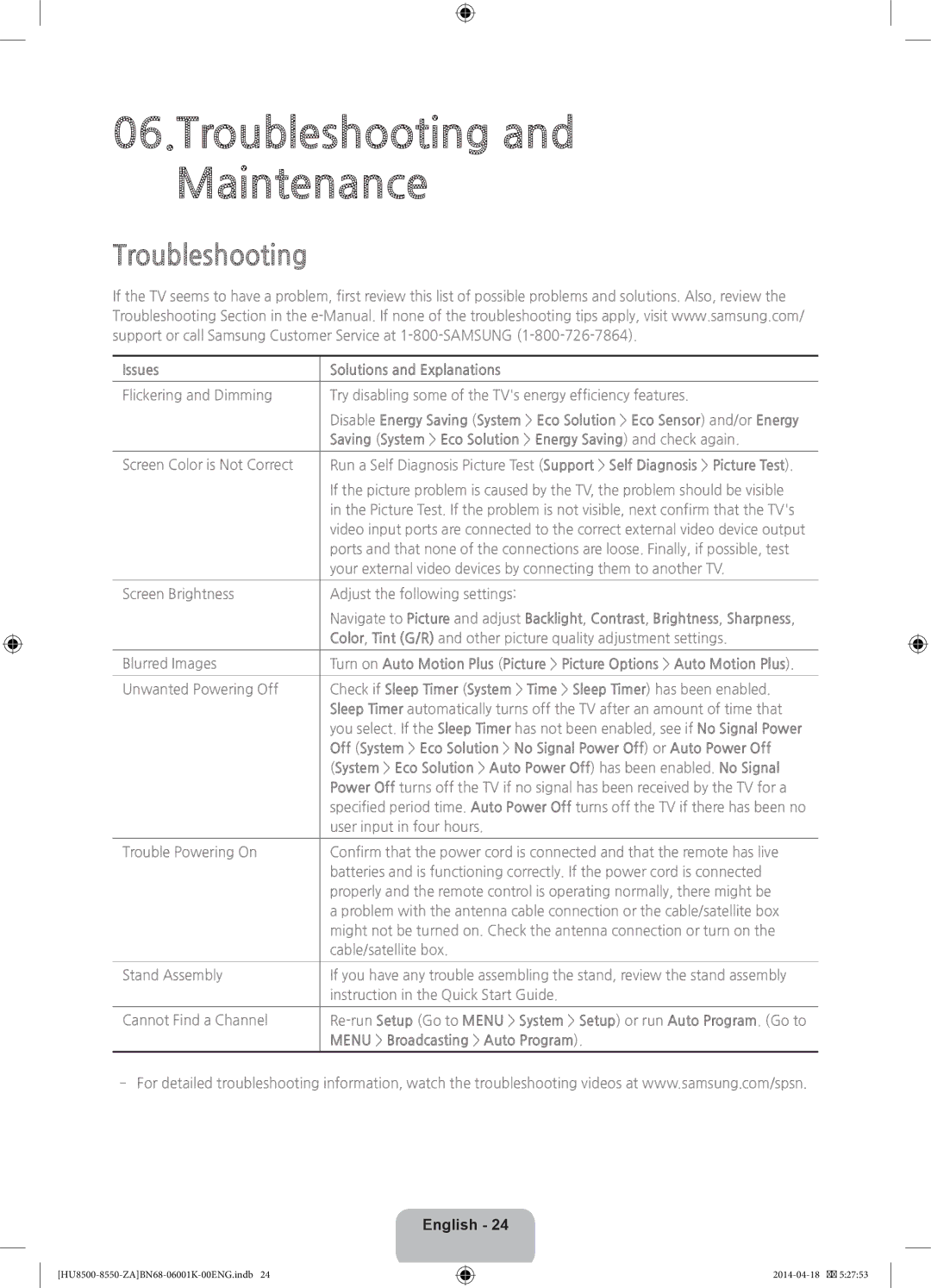 Samsung UN75HU8550 Troubleshooting and Maintenance, Issues Solutions and Explanations, Menu Broadcasting Auto Program 