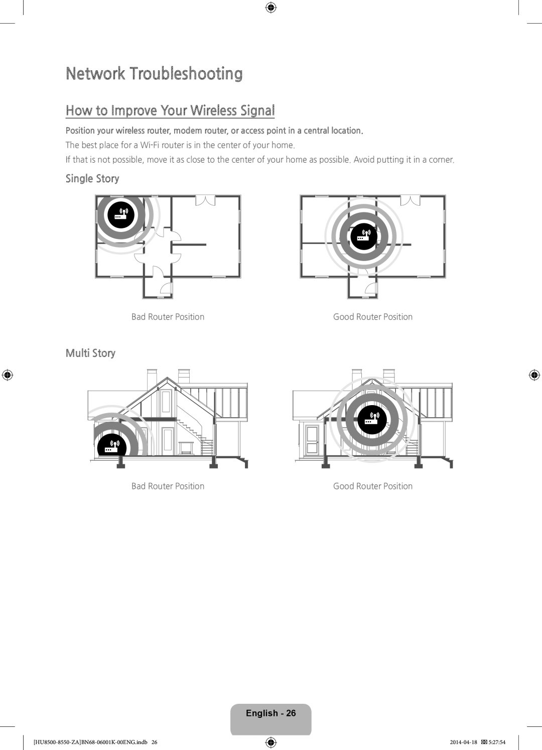 Samsung UN75HU8550, UN85HU8550 Network Troubleshooting, How to Improve Your Wireless Signal, Single Story, Multi Story 