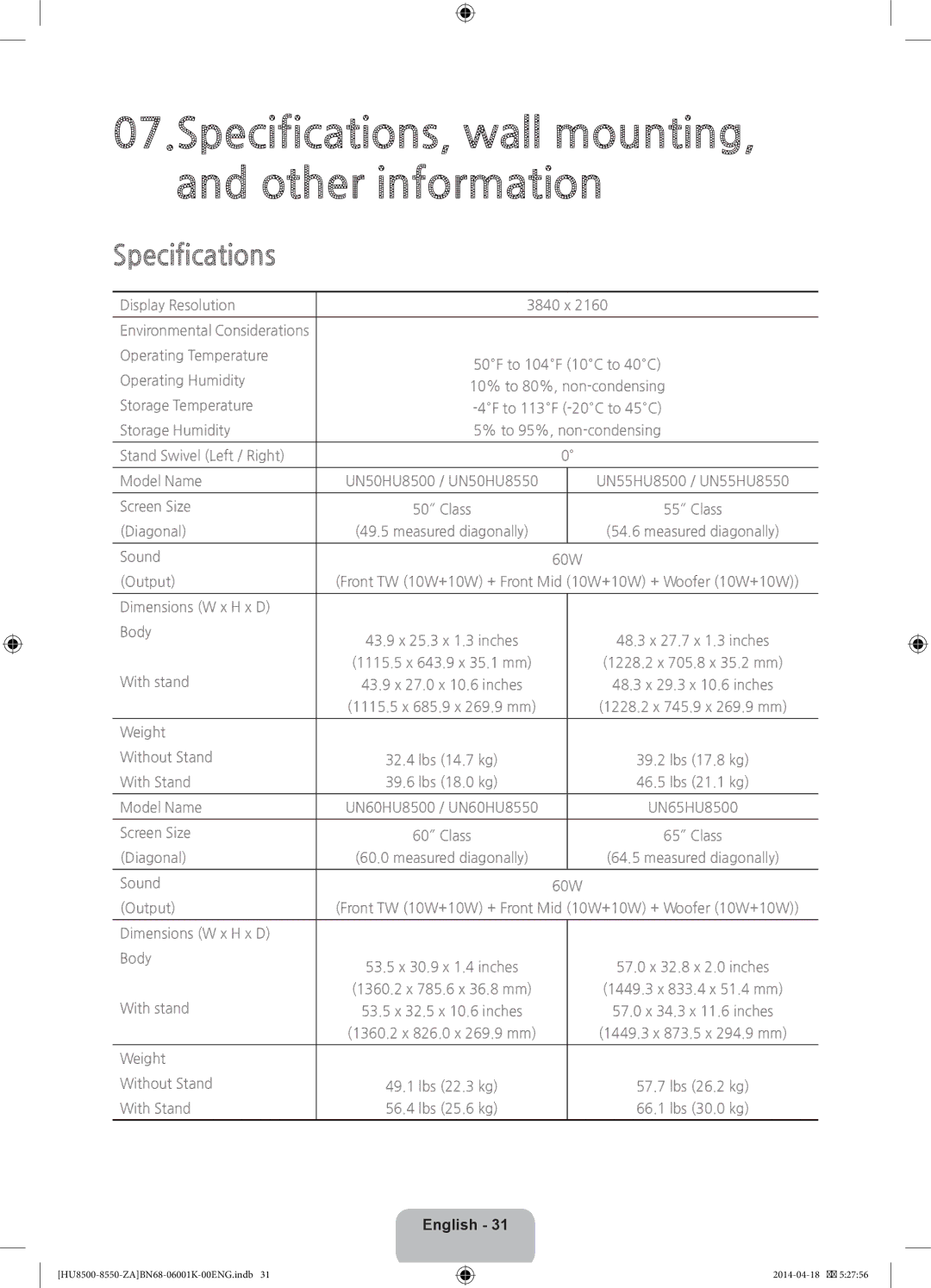 Samsung UN85HU8550, UN75HU8550 user manual Specifications, wall mounting, and other information 