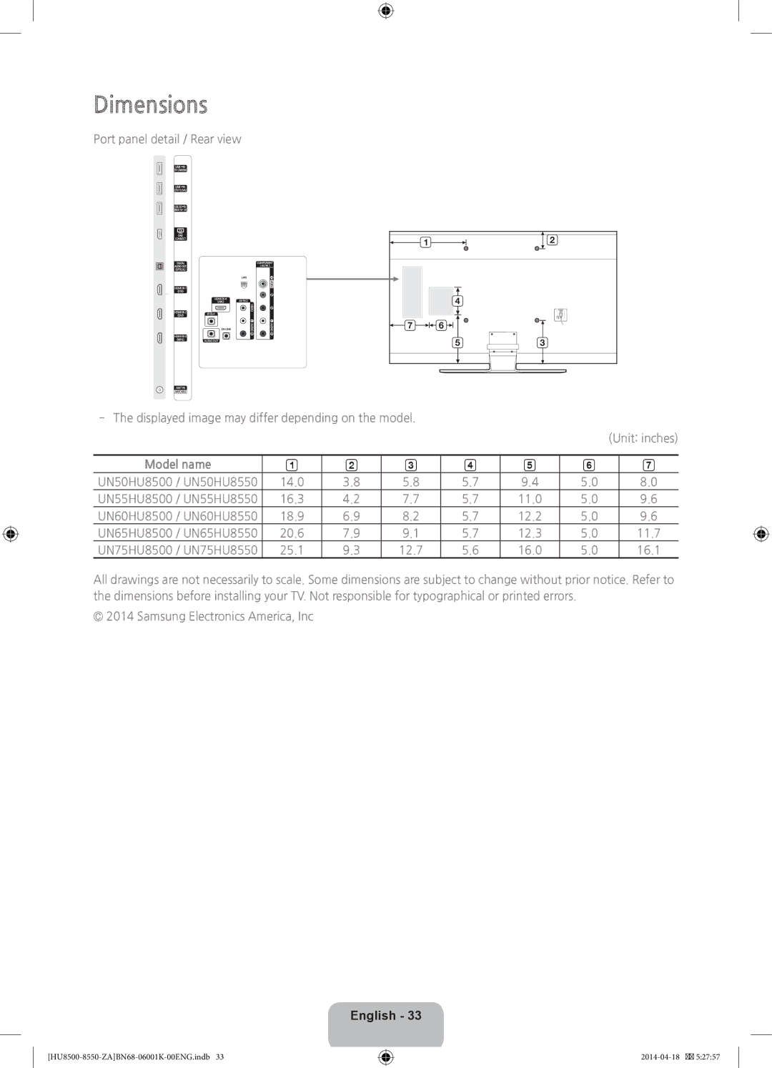 Samsung UN85HU8550, UN75HU8550 user manual Dimensions 