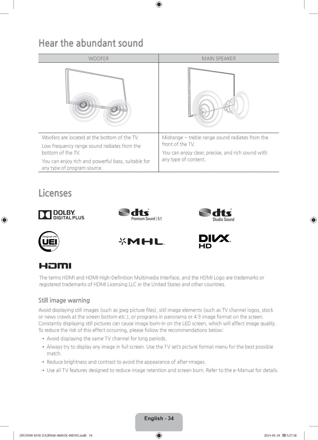 Samsung UN75HU8550, UN85HU8550 user manual Hear the abundant sound, Licenses, Still image warning 