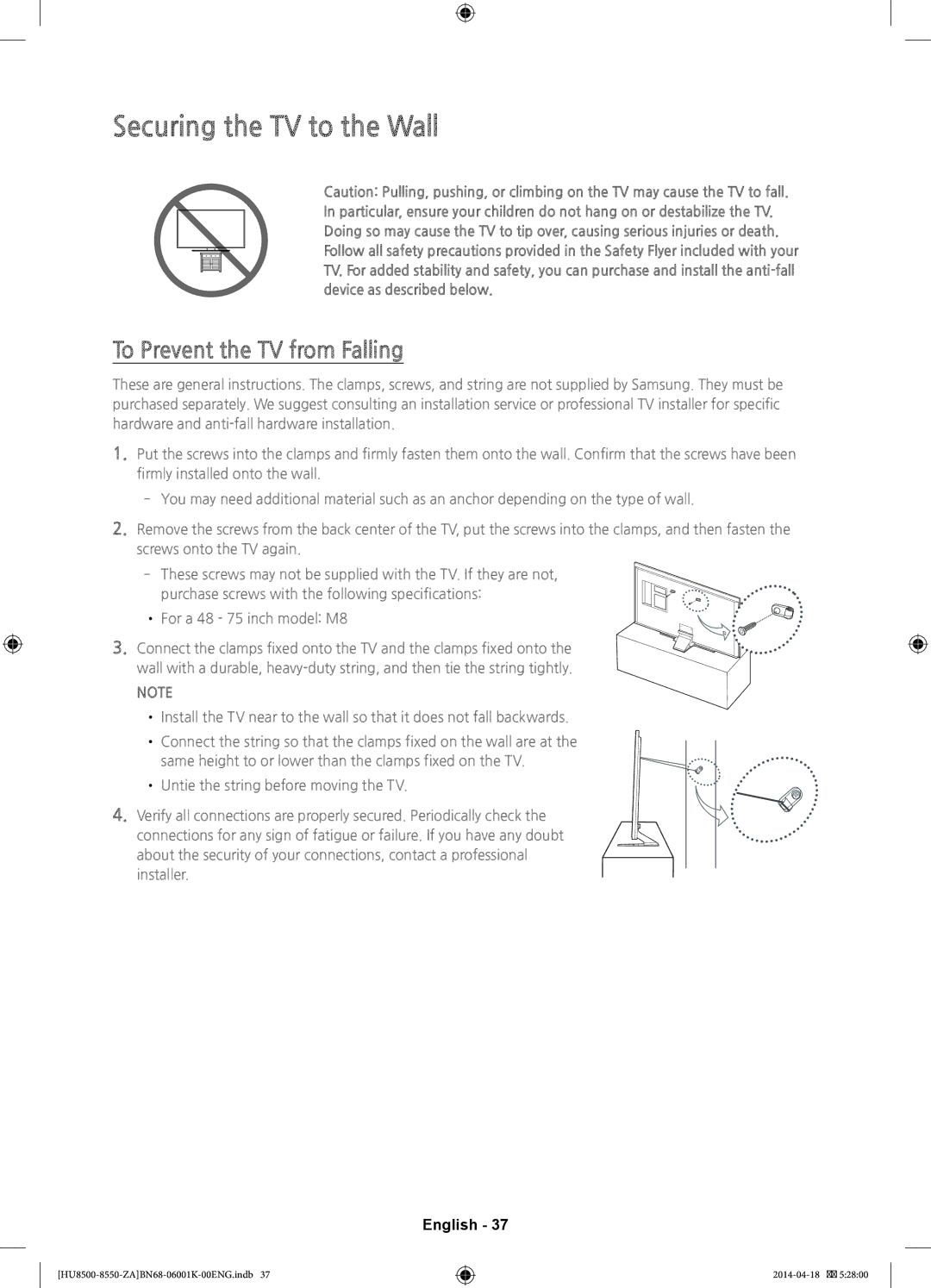 Samsung UN85HU8550, UN75HU8550 user manual Securing the TV to the Wall, To Prevent the TV from Falling 