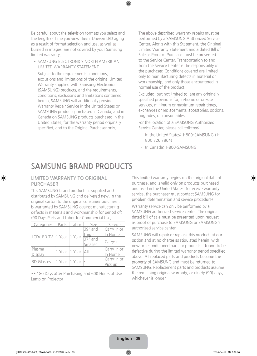 Samsung UN85HU8550, UN75HU8550 user manual Samsung Brand Products 