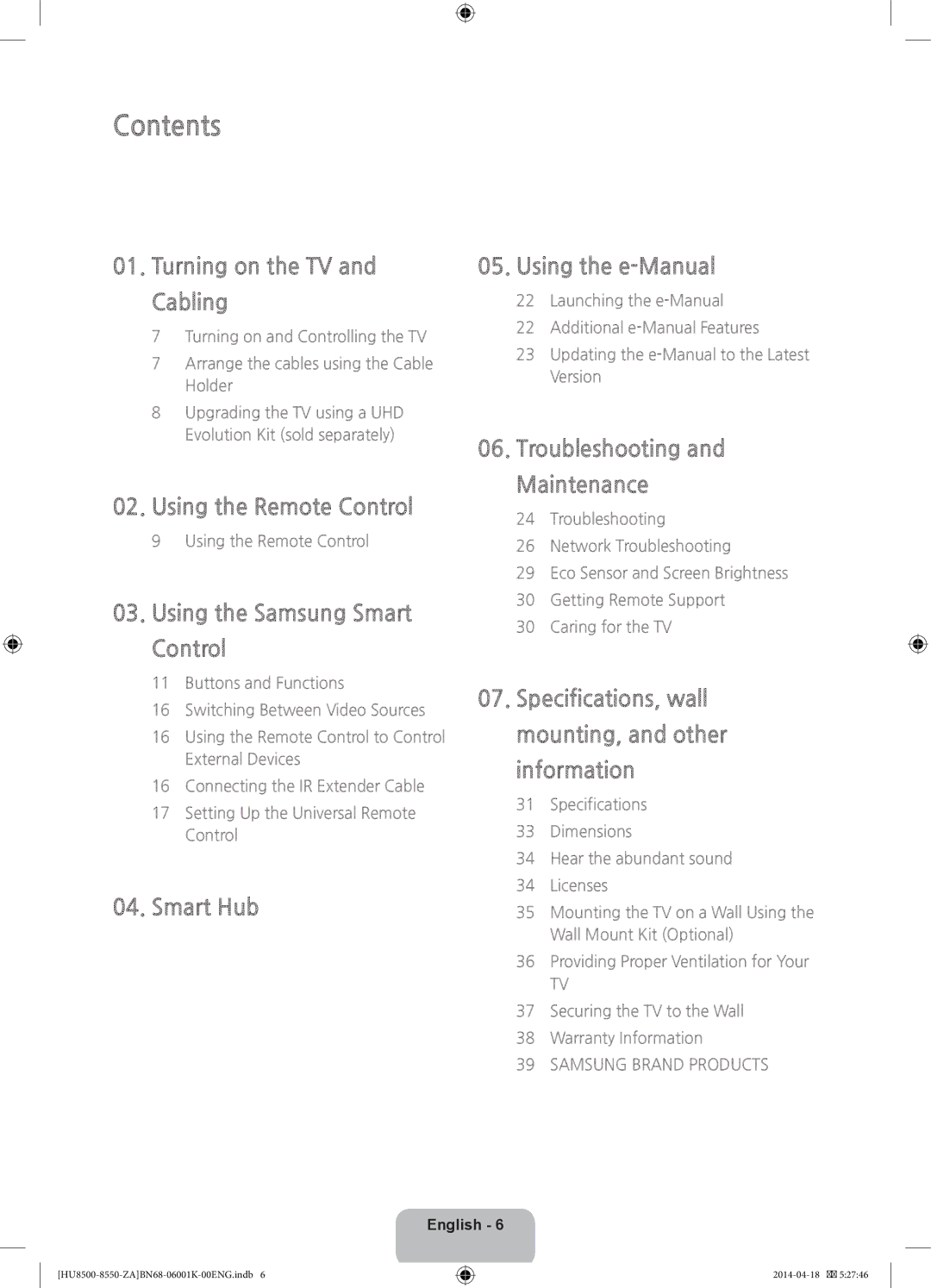 Samsung UN75HU8550, UN85HU8550 user manual Contents 