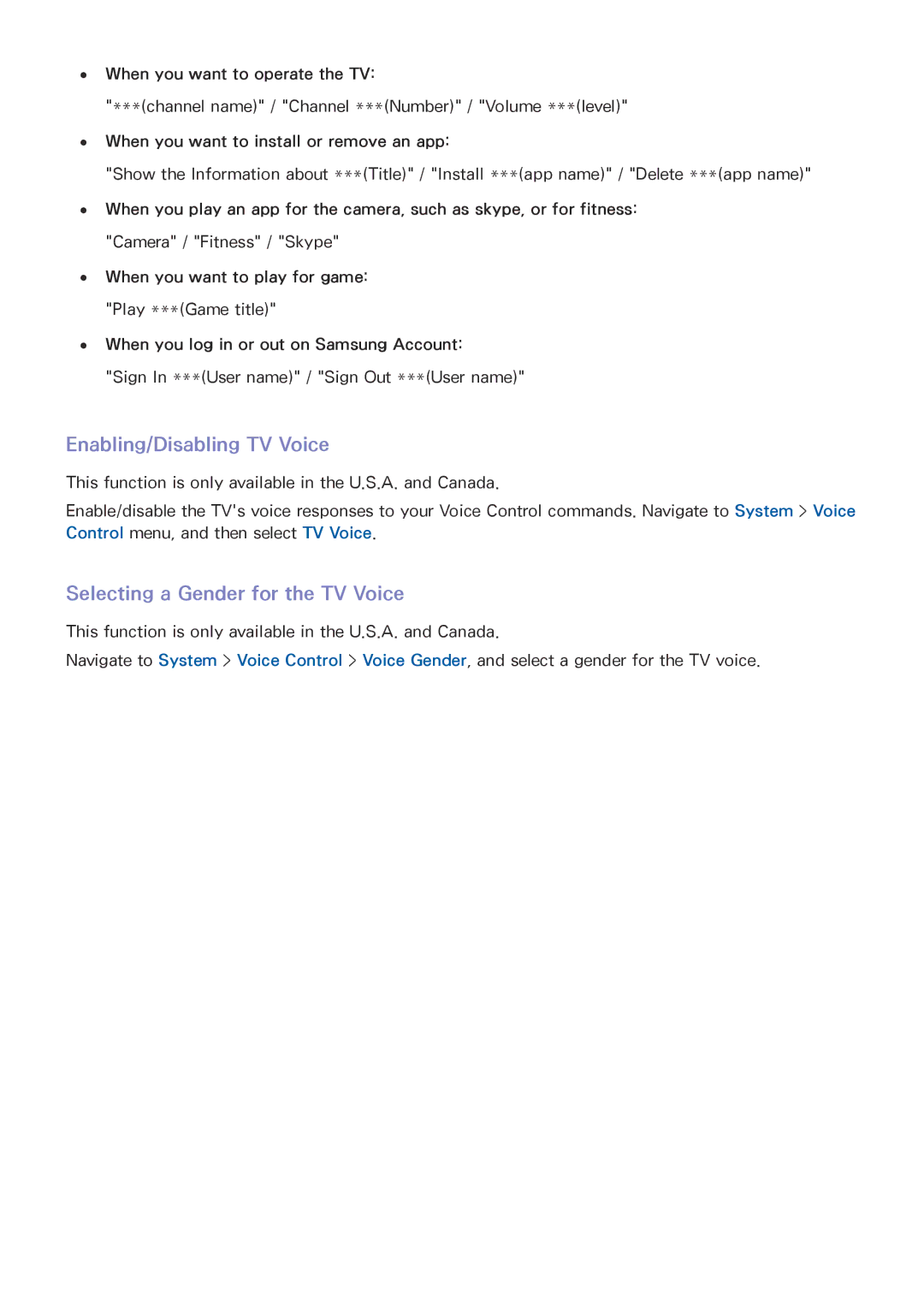 Samsung UN85HU8550 manual Enabling/Disabling TV Voice, Selecting a Gender for the TV Voice 