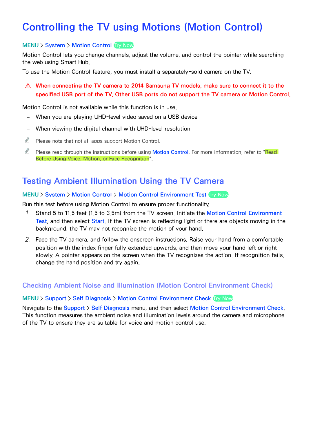 Samsung UN85HU8550 manual Controlling the TV using Motions Motion Control, Testing Ambient Illumination Using the TV Camera 