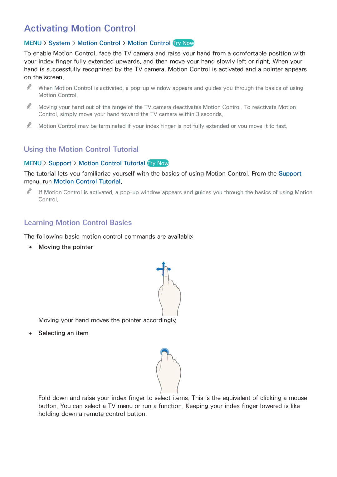 Samsung UN85HU8550 manual Activating Motion Control, Using the Motion Control Tutorial, Learning Motion Control Basics 