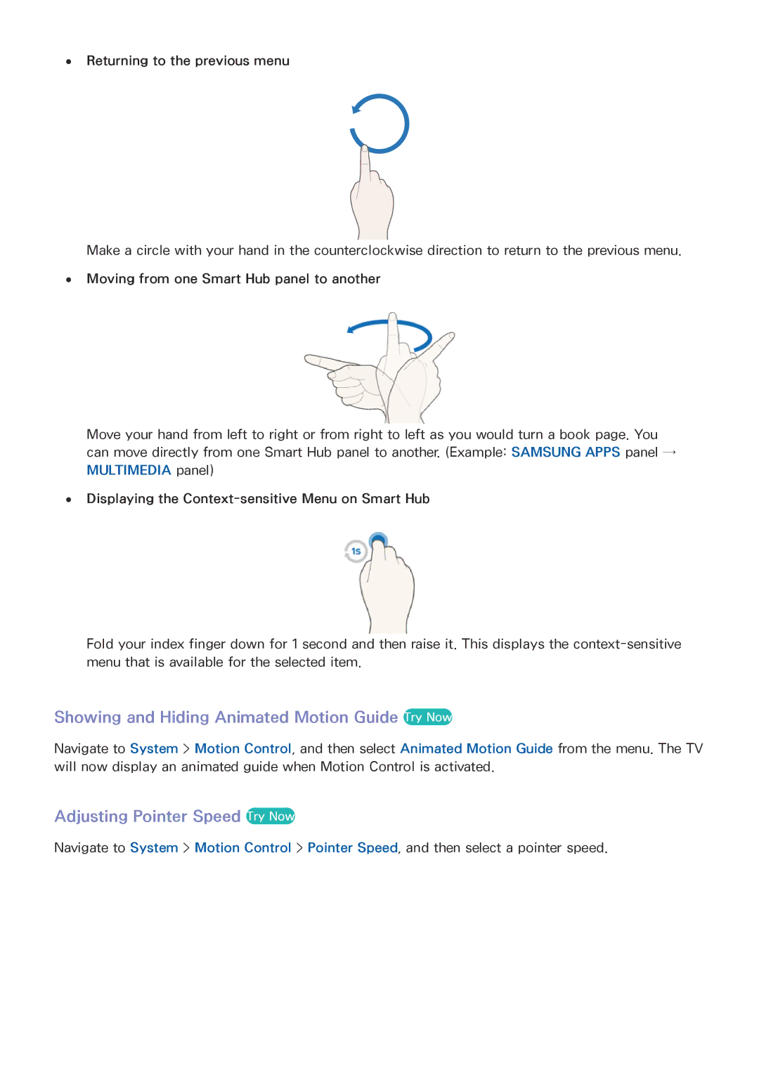 Samsung UN85HU8550 manual Showing and Hiding Animated Motion Guide Try Now, Adjusting Pointer Speed Try Now 