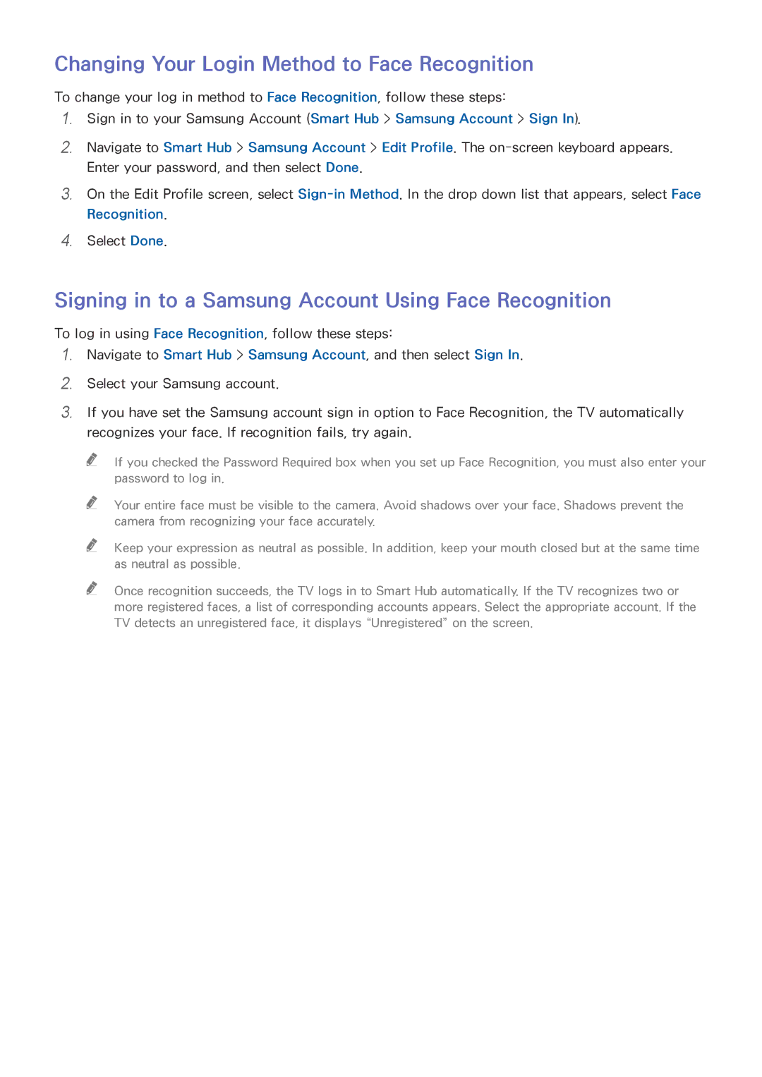 Samsung UN85HU8550 Changing Your Login Method to Face Recognition, Signing in to a Samsung Account Using Face Recognition 