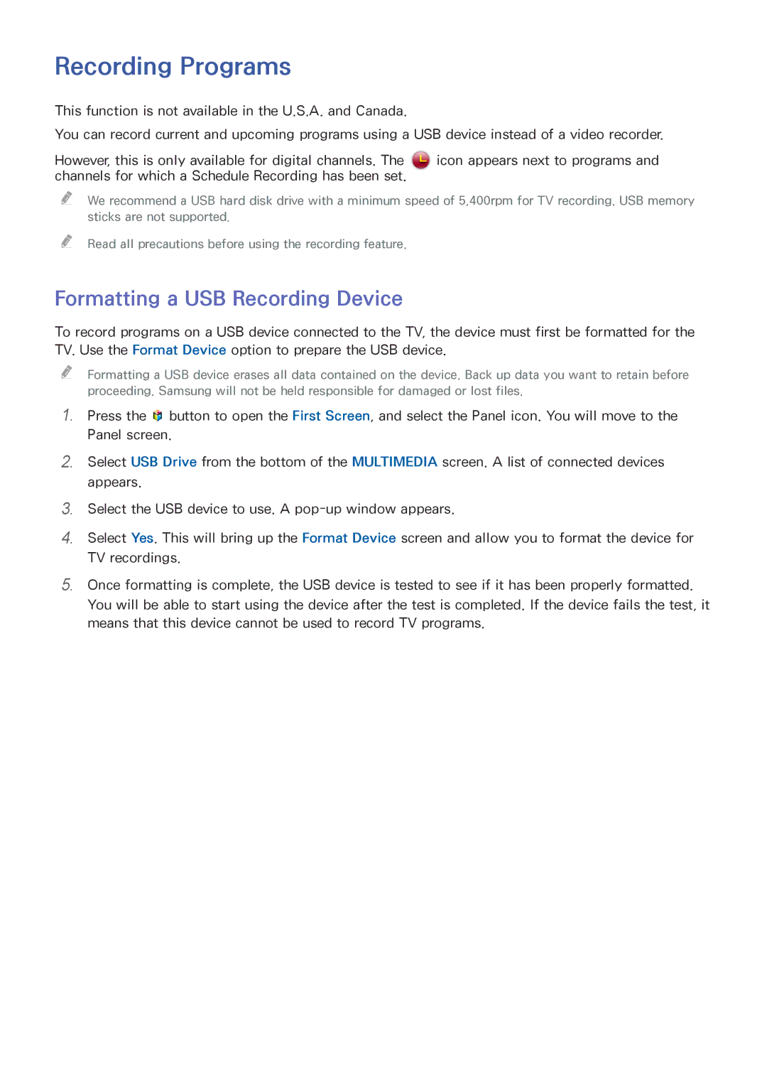 Samsung UN85HU8550 manual Recording Programs, Formatting a USB Recording Device 