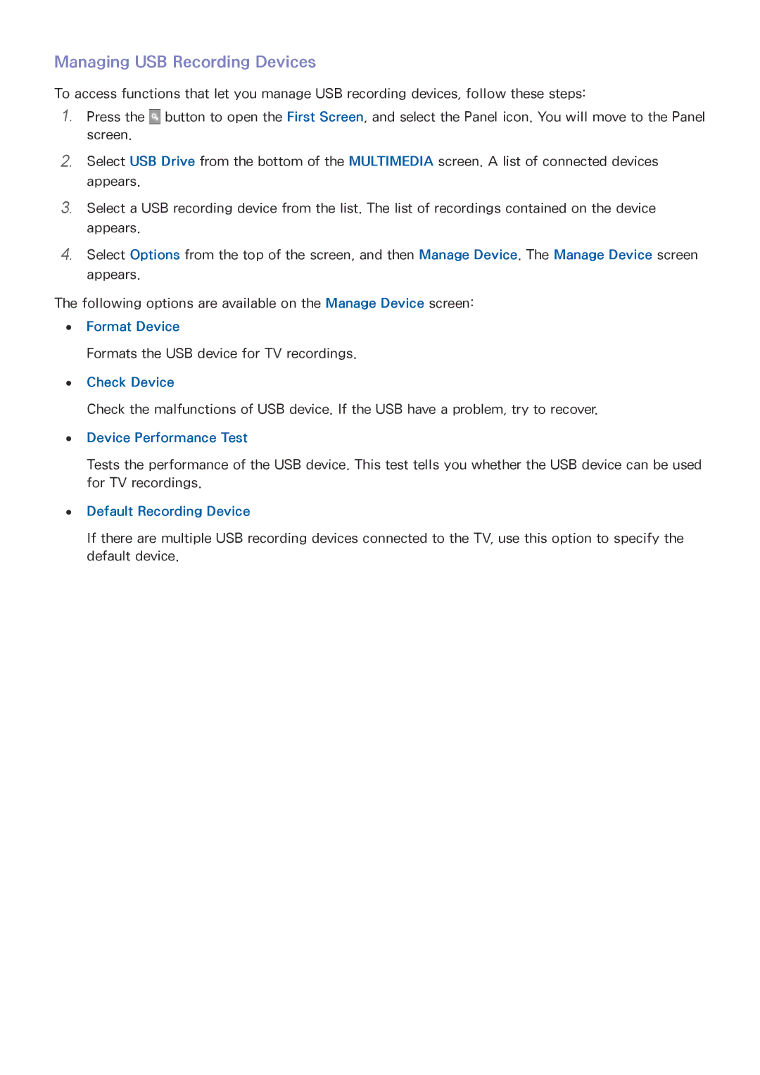 Samsung UN85HU8550 manual Managing USB Recording Devices, Default Recording Device 