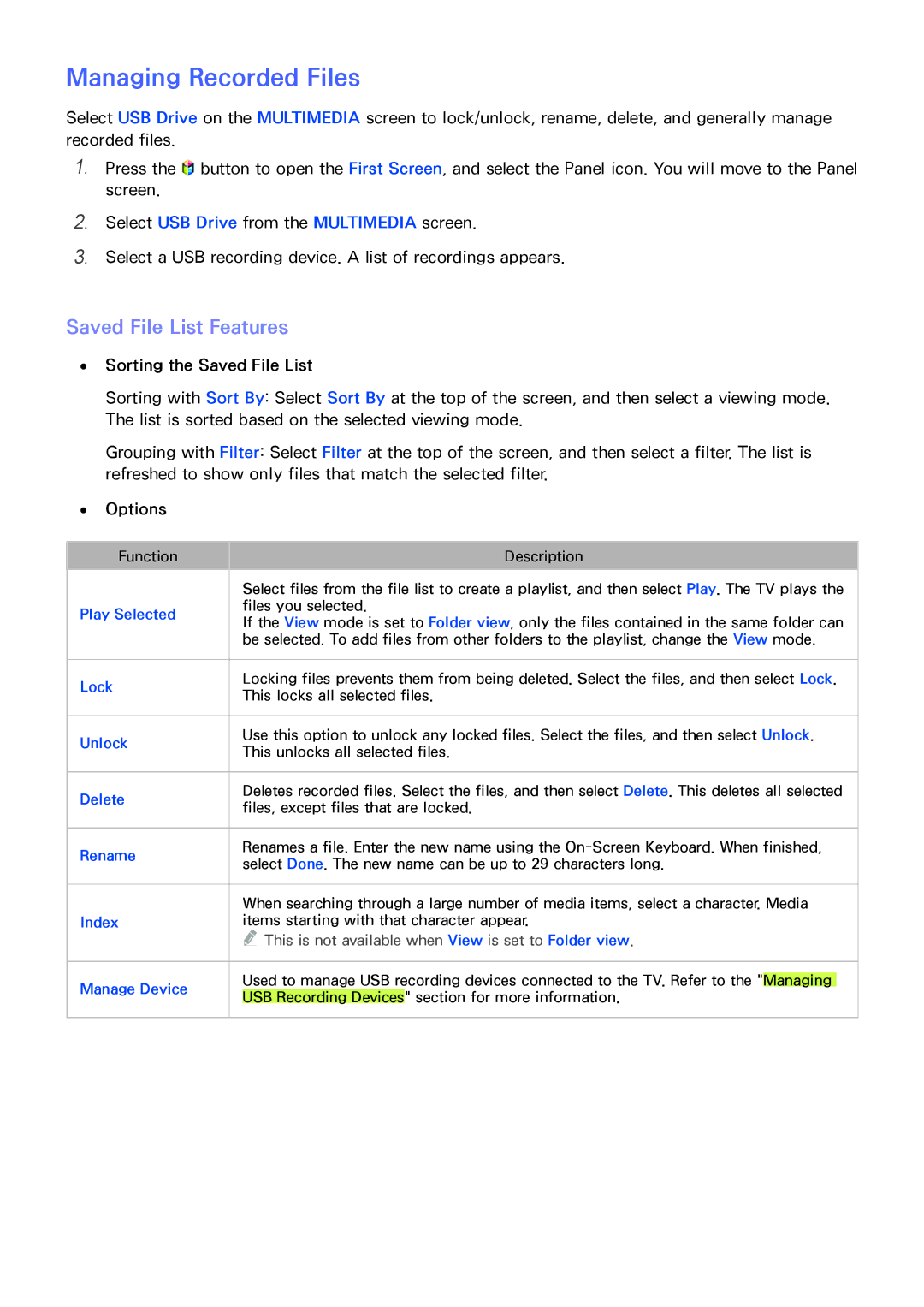 Samsung UN85HU8550 manual Managing Recorded Files, Saved File List Features 