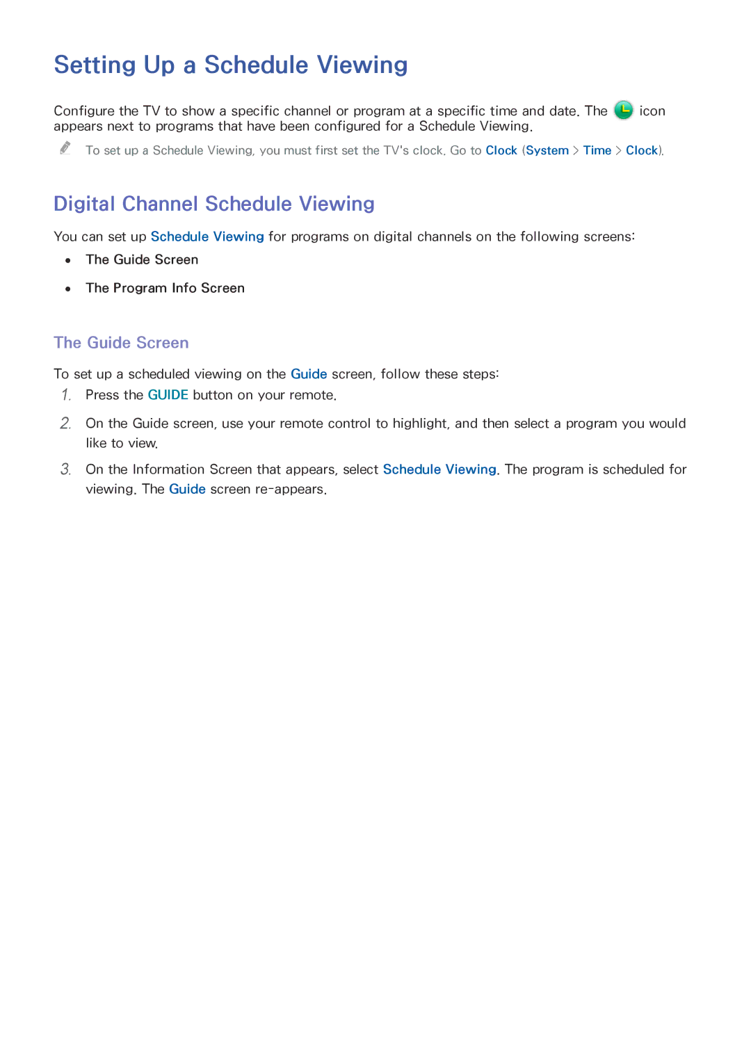 Samsung UN85HU8550 manual Setting Up a Schedule Viewing, Digital Channel Schedule Viewing, Guide Screen 