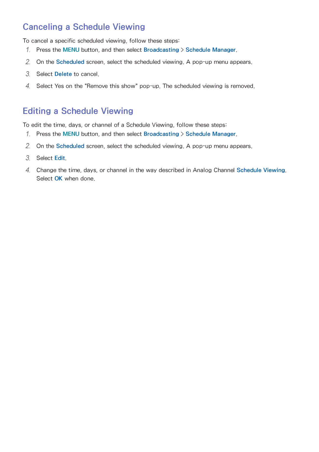 Samsung UN85HU8550 manual Canceling a Schedule Viewing, Editing a Schedule Viewing 