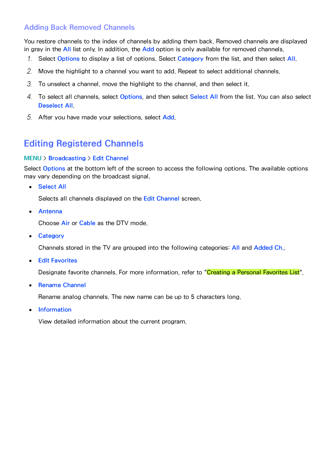 Samsung UN85HU8550 manual Editing Registered Channels, Adding Back Removed Channels, Select All 