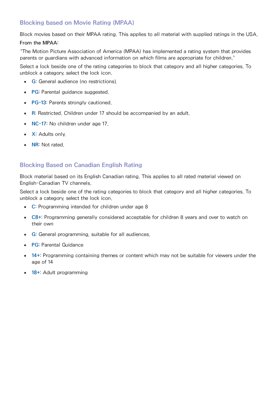 Samsung UN85HU8550 manual Blocking based on Movie Rating Mpaa, Blocking Based on Canadian English Rating 