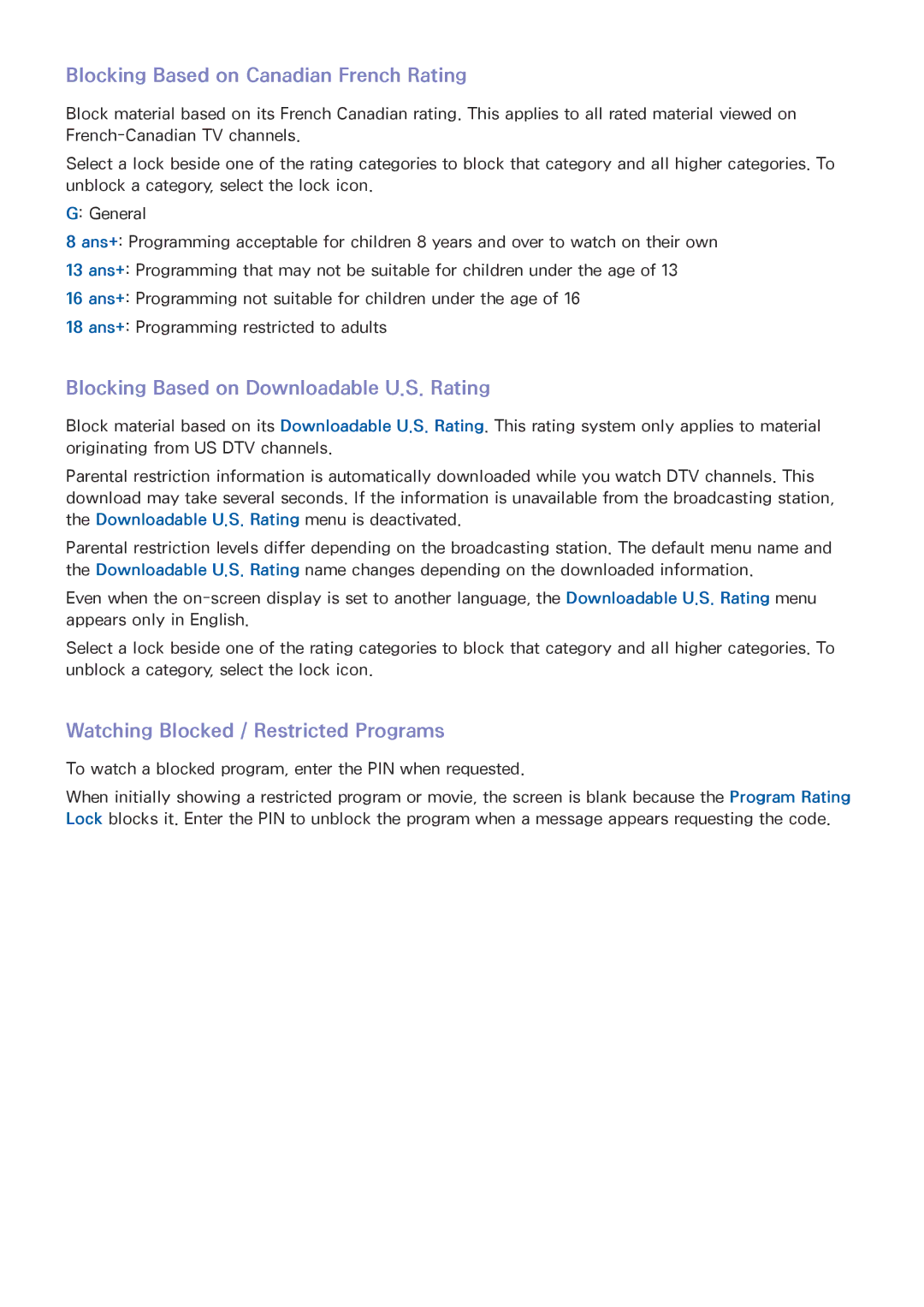 Samsung UN85HU8550 manual Blocking Based on Canadian French Rating, Blocking Based on Downloadable U.S. Rating 