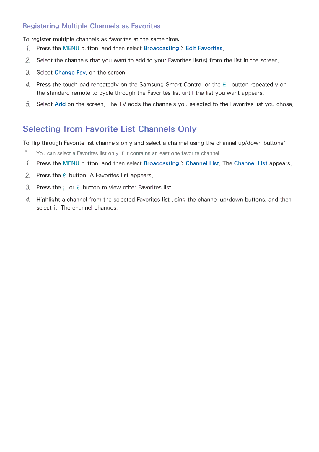 Samsung UN85HU8550 manual Selecting from Favorite List Channels Only, Registering Multiple Channels as Favorites 